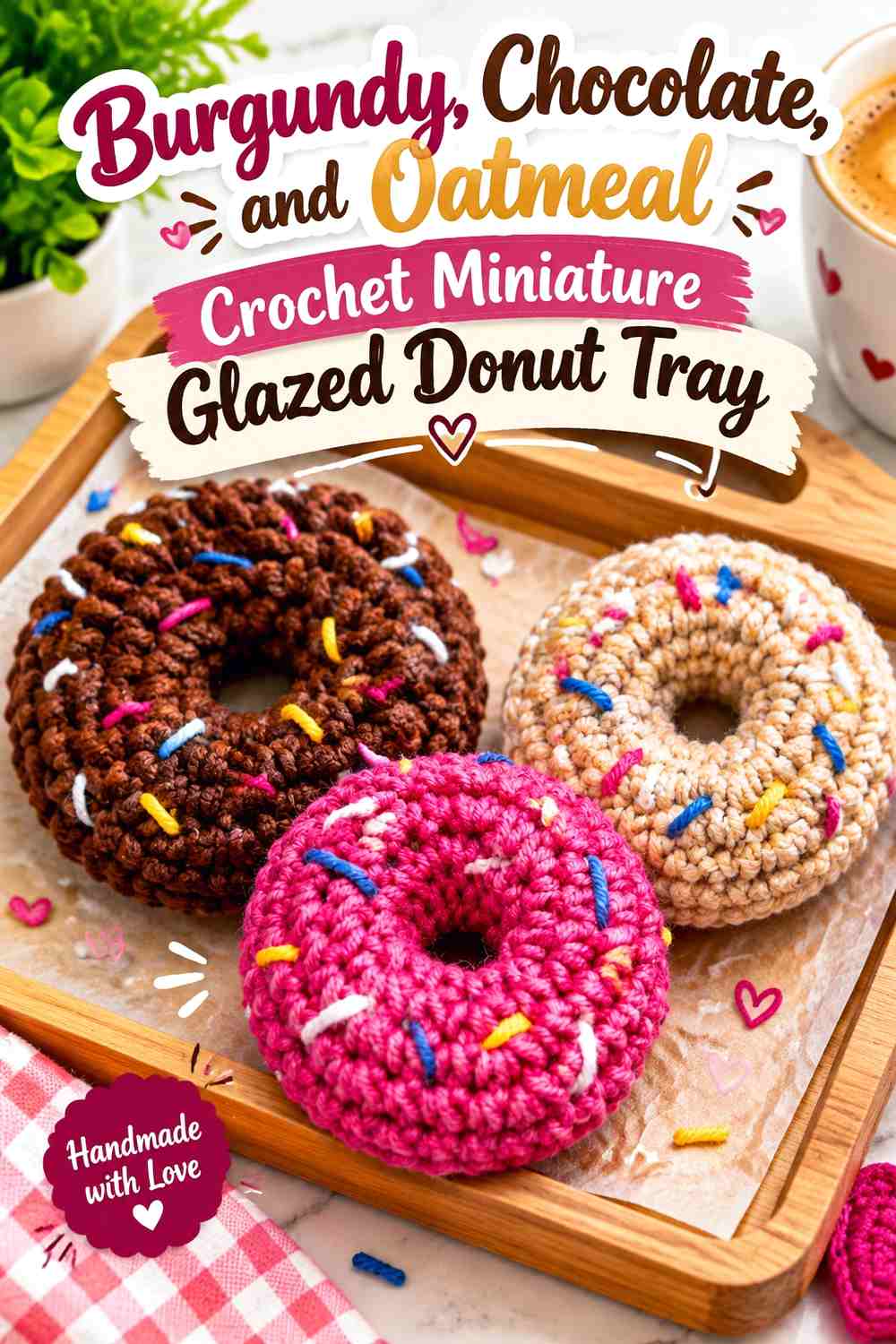 Burgundy, Chocolate, and Oatmeal Crochet Miniature Glazed Donut Tray