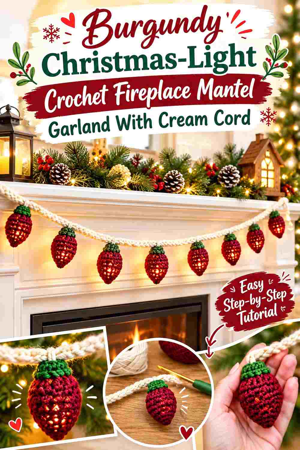 15. Burgundy Christmas Light Crochet Fireplace Mantel Garland With Cream Cord