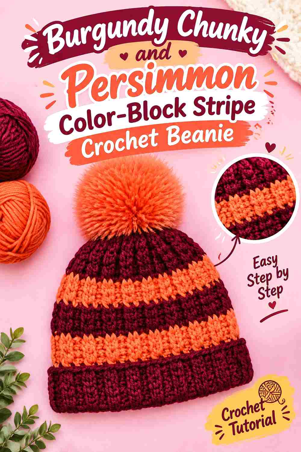 10. Burgundy Chunky And Persimmon Color Block Stripe Crochet Beanie