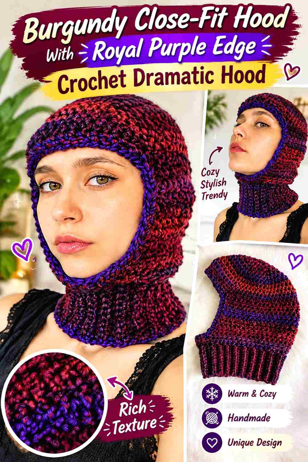 4. Burgundy Close Fit Hood With Royal Purple Edge Crochet Dramatic Hood