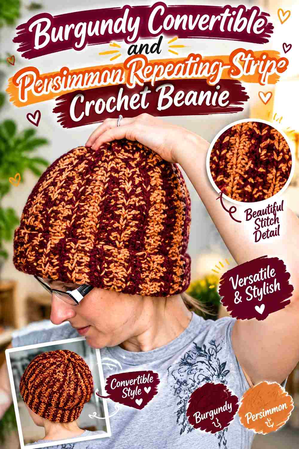 18. Burgundy Convertible And Persimmon Repeating Stripe Crochet Beanie