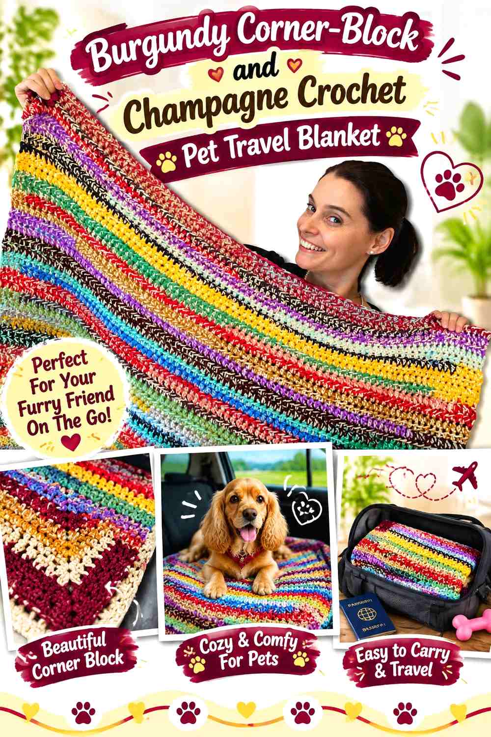 Burgundy Corner-Block and Champagne Crochet Pet Travel Blanket