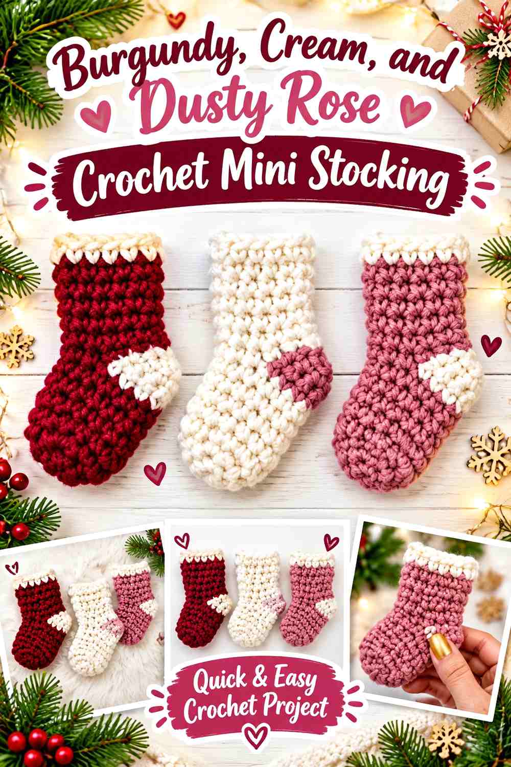 Burgundy, Cream, and Dusty Rose Crochet Mini Stocking