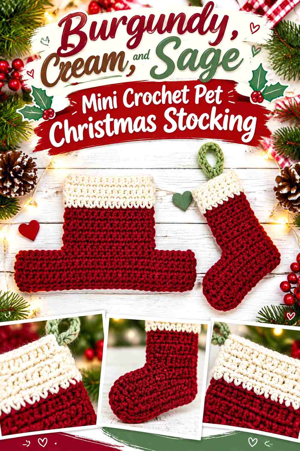 Burgundy, Cream, and Sage Mini Crochet Pet Christmas Stocking