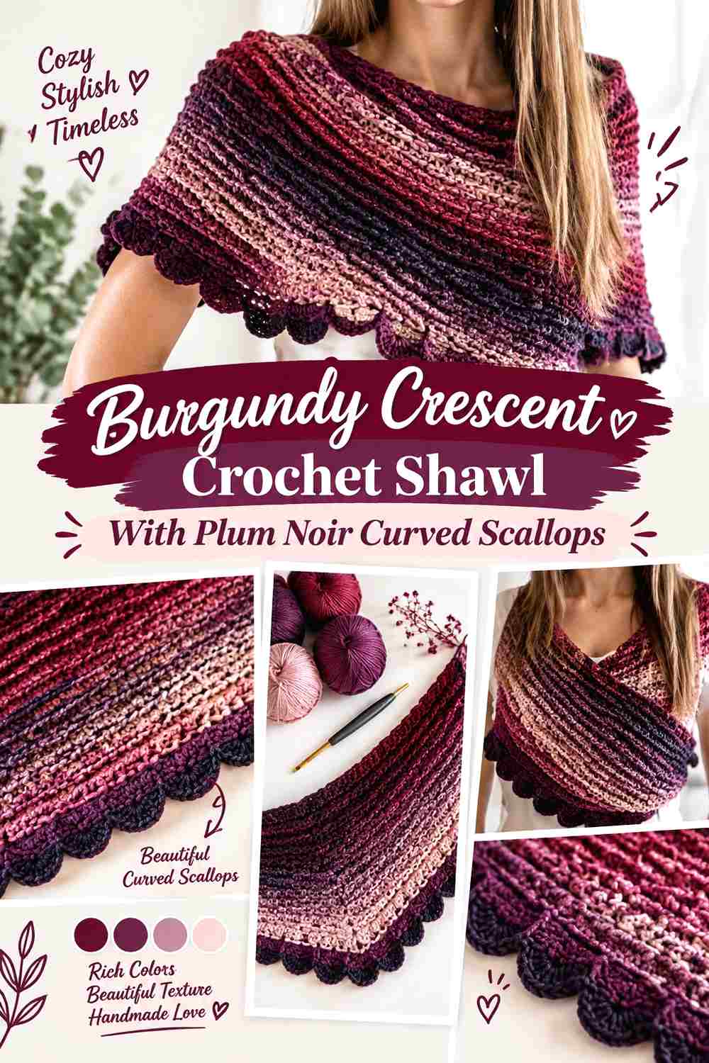 18. Burgundy Crescent Crochet Shawl With Plum Noir Curved Scallops