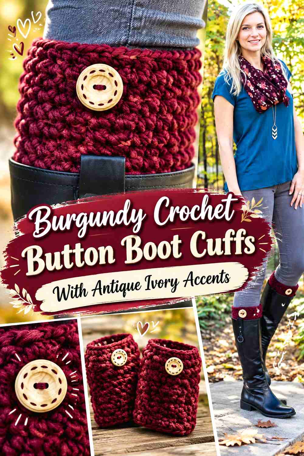 11. Burgundy Crochet Button Boot Cuffs With Antique Ivory Accents