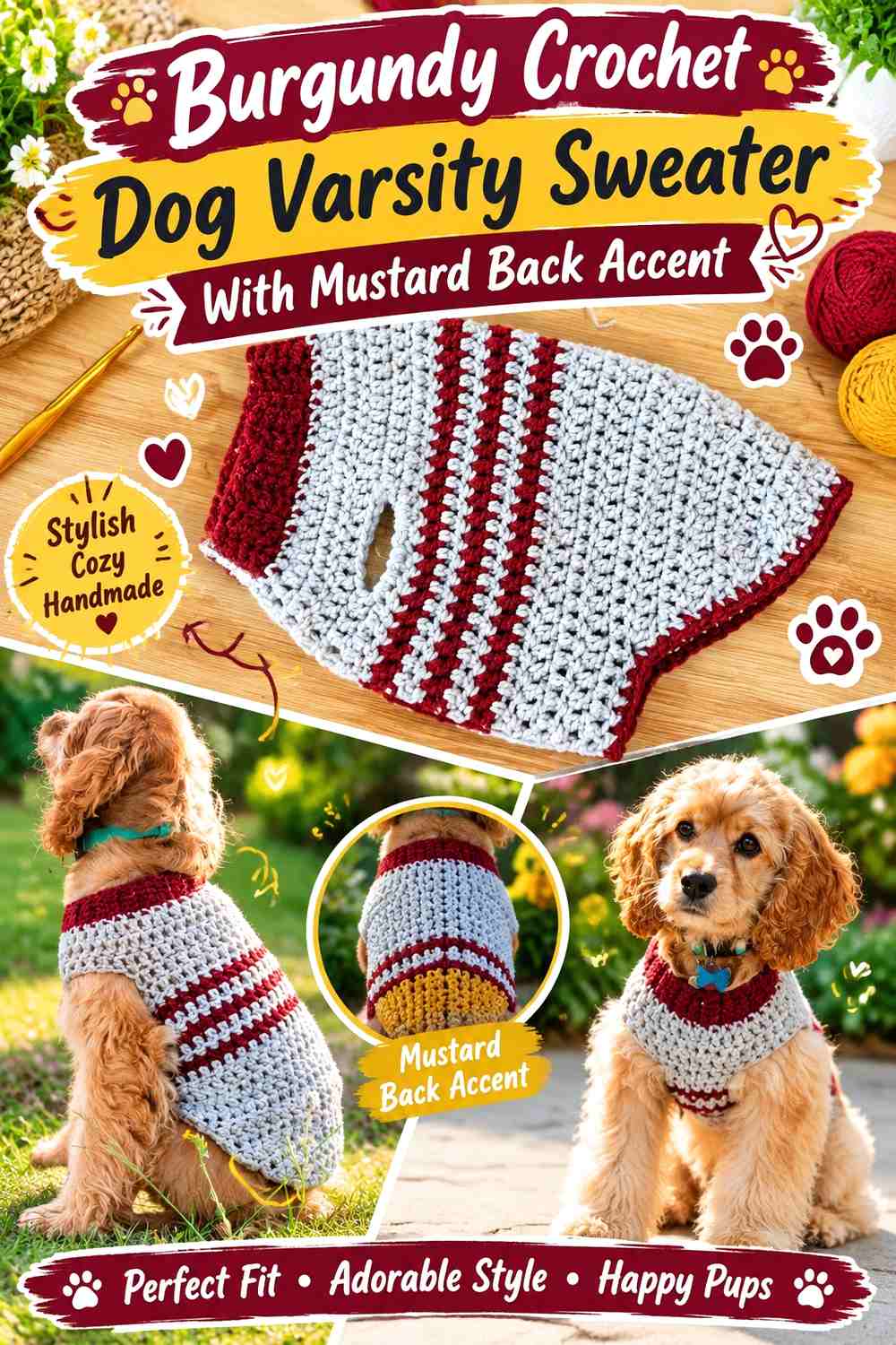 Burgundy Crochet Dog Varsity Sweater With Mustard Back Accent