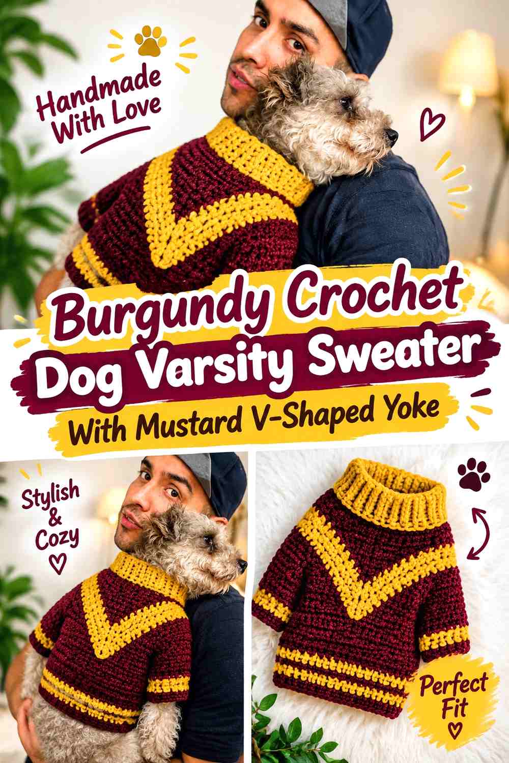 Burgundy Crochet Dog Varsity Sweater With Mustard V-Shaped Yoke