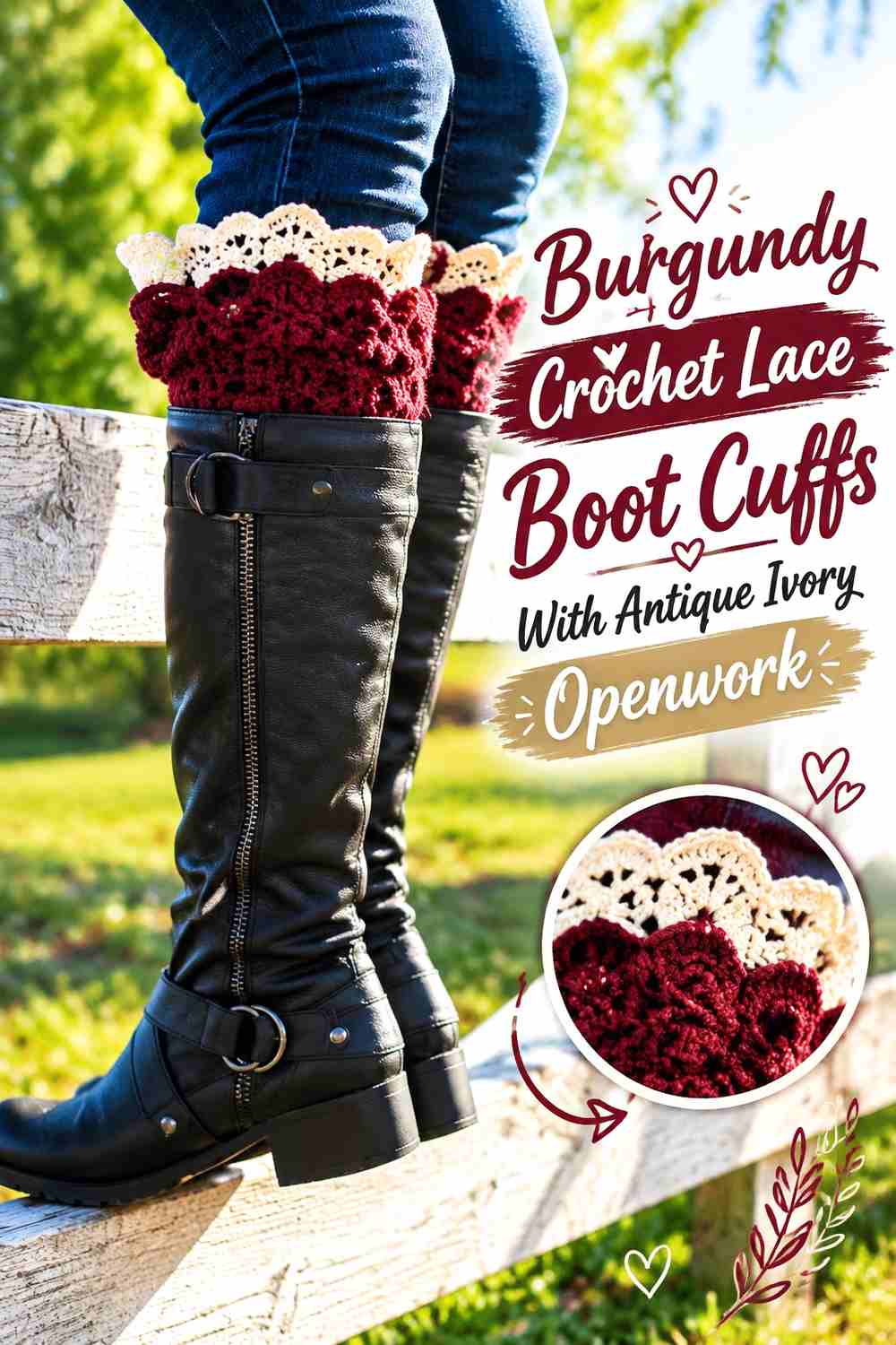 7. Burgundy Crochet Lace Boot Cuffs With Antique Ivory Openwork