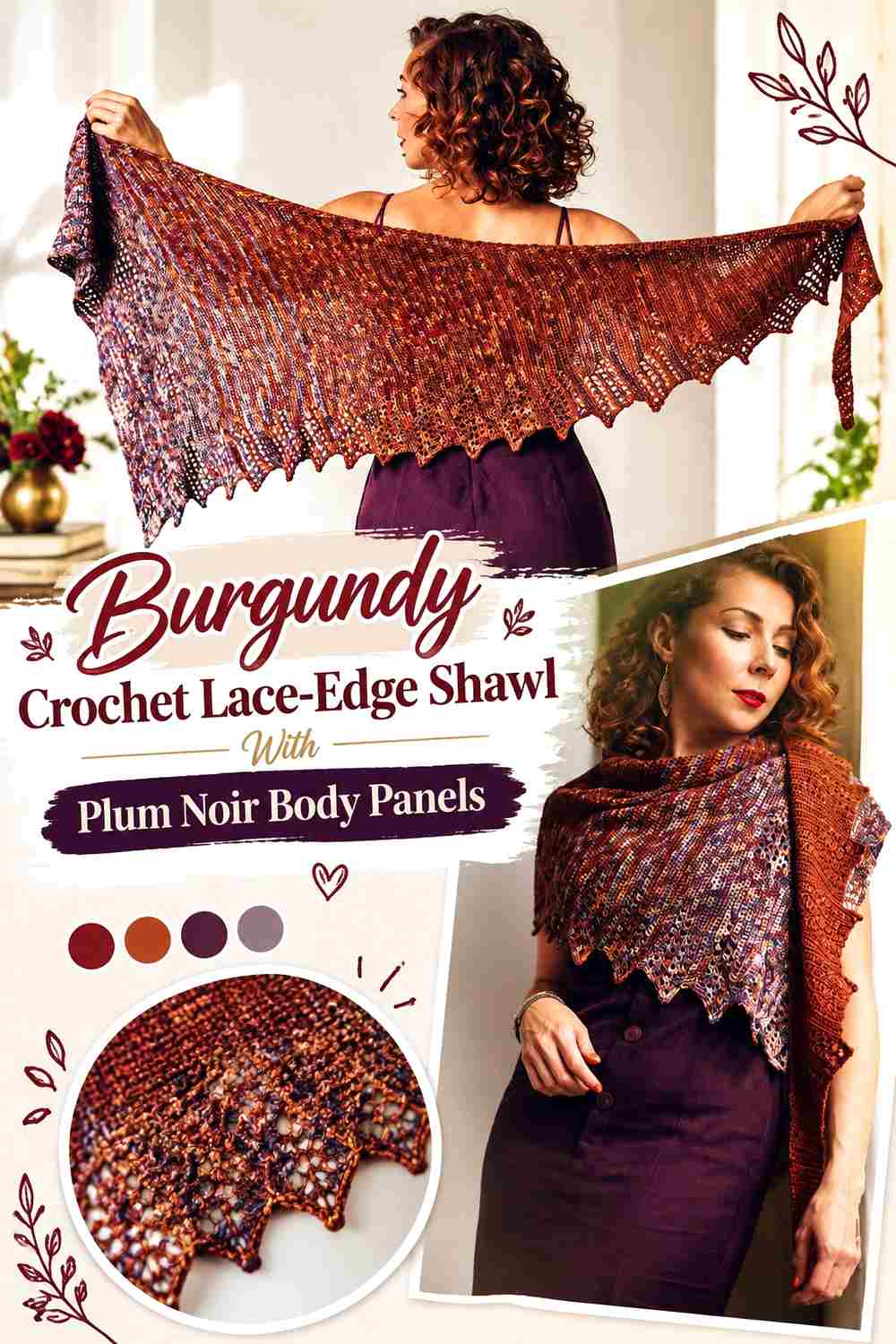 14. Burgundy Crochet Lace Edge Shawl With Plum Noir Body Panels