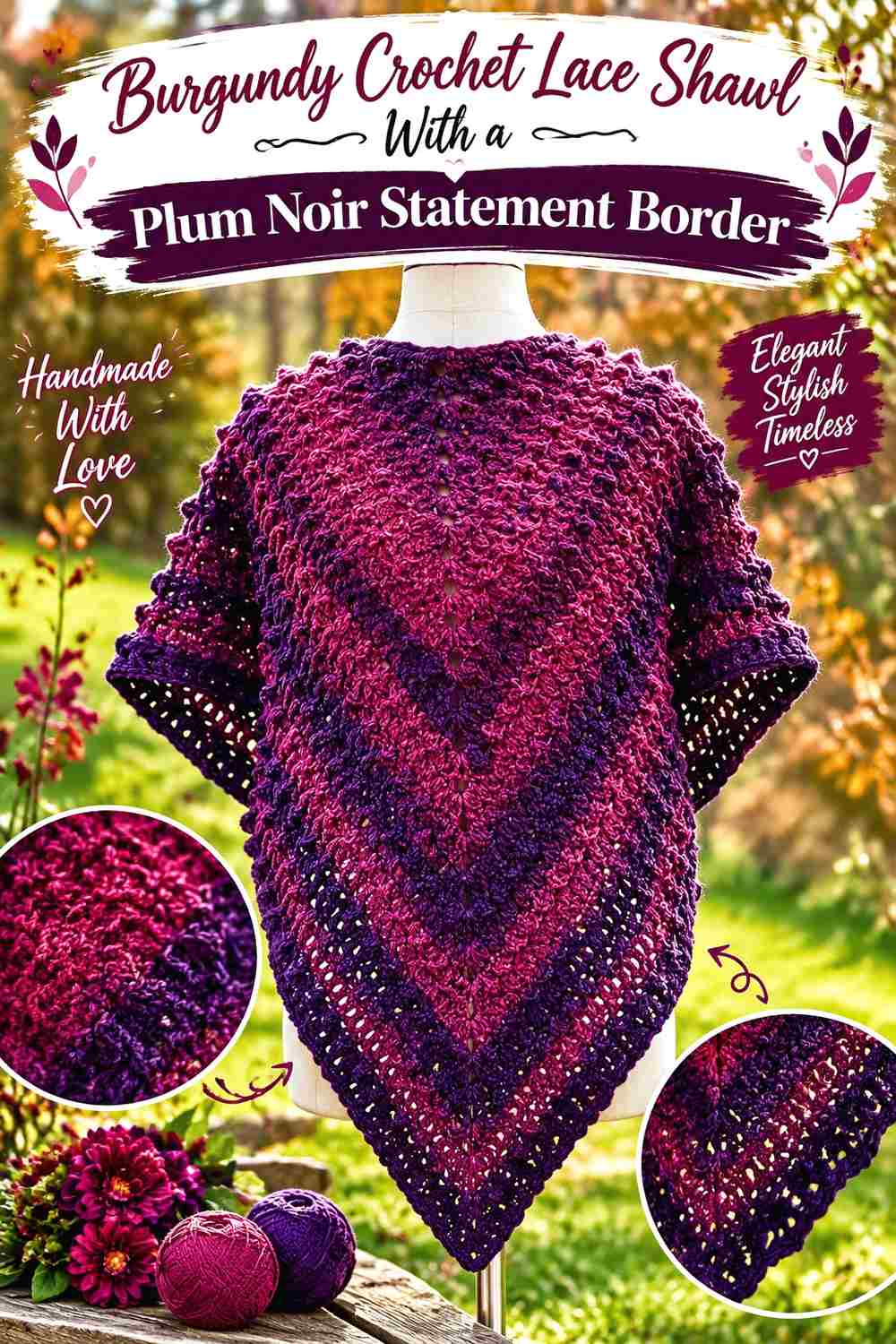 4. Burgundy Crochet Lace Shawl With A Plum Noir Statement Border