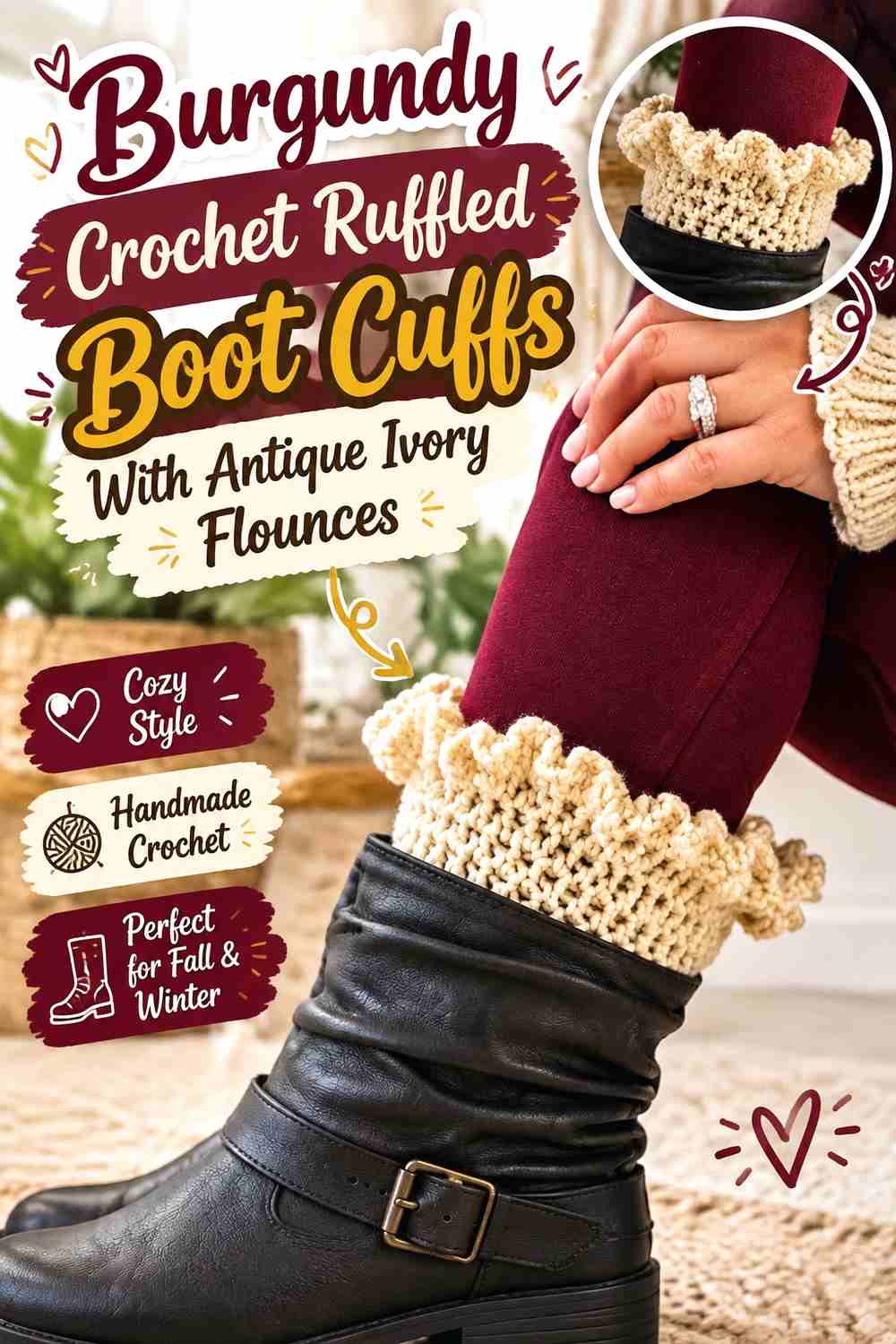 10. Burgundy Crochet Ruffled Boot Cuffs With Antique Ivory Flounces