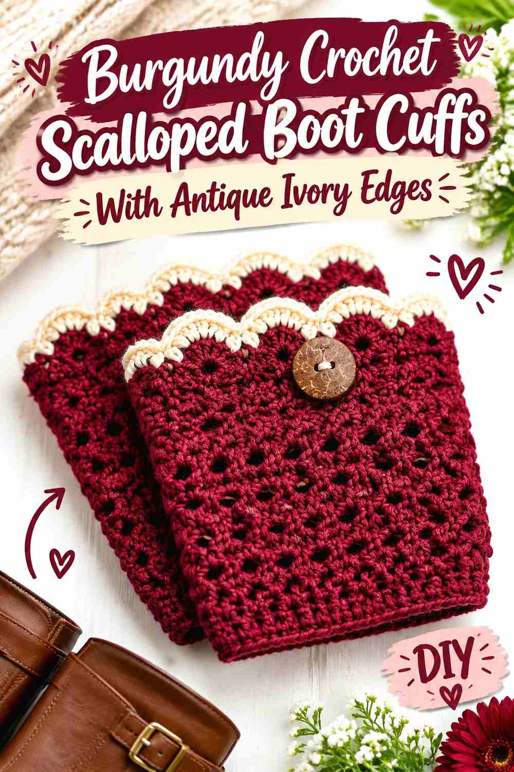 13. Burgundy Crochet Scalloped Boot Cuffs With Antique Ivory Edges