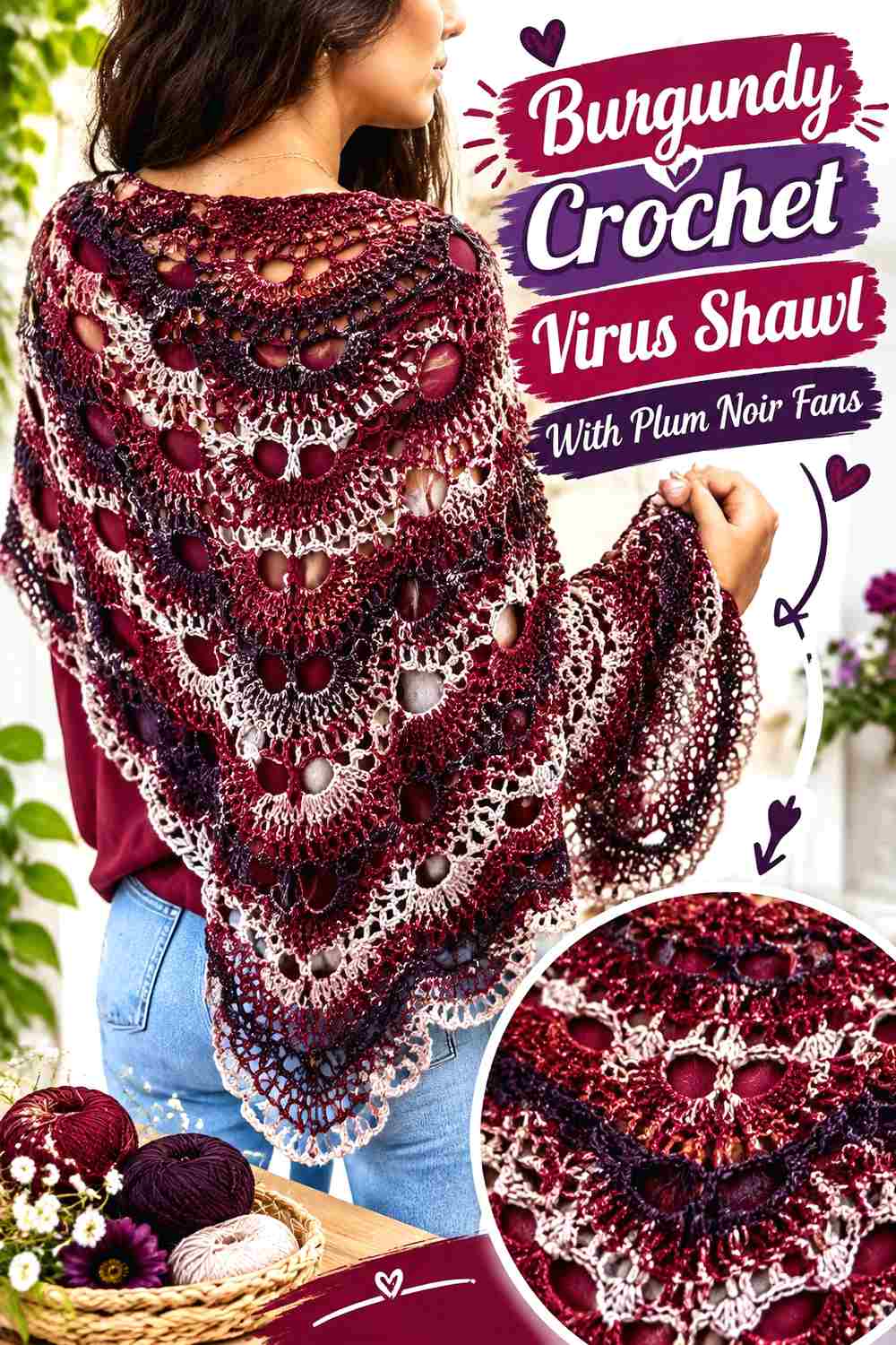 2. Burgundy Crochet Virus Shawl With Plum Noir Fans