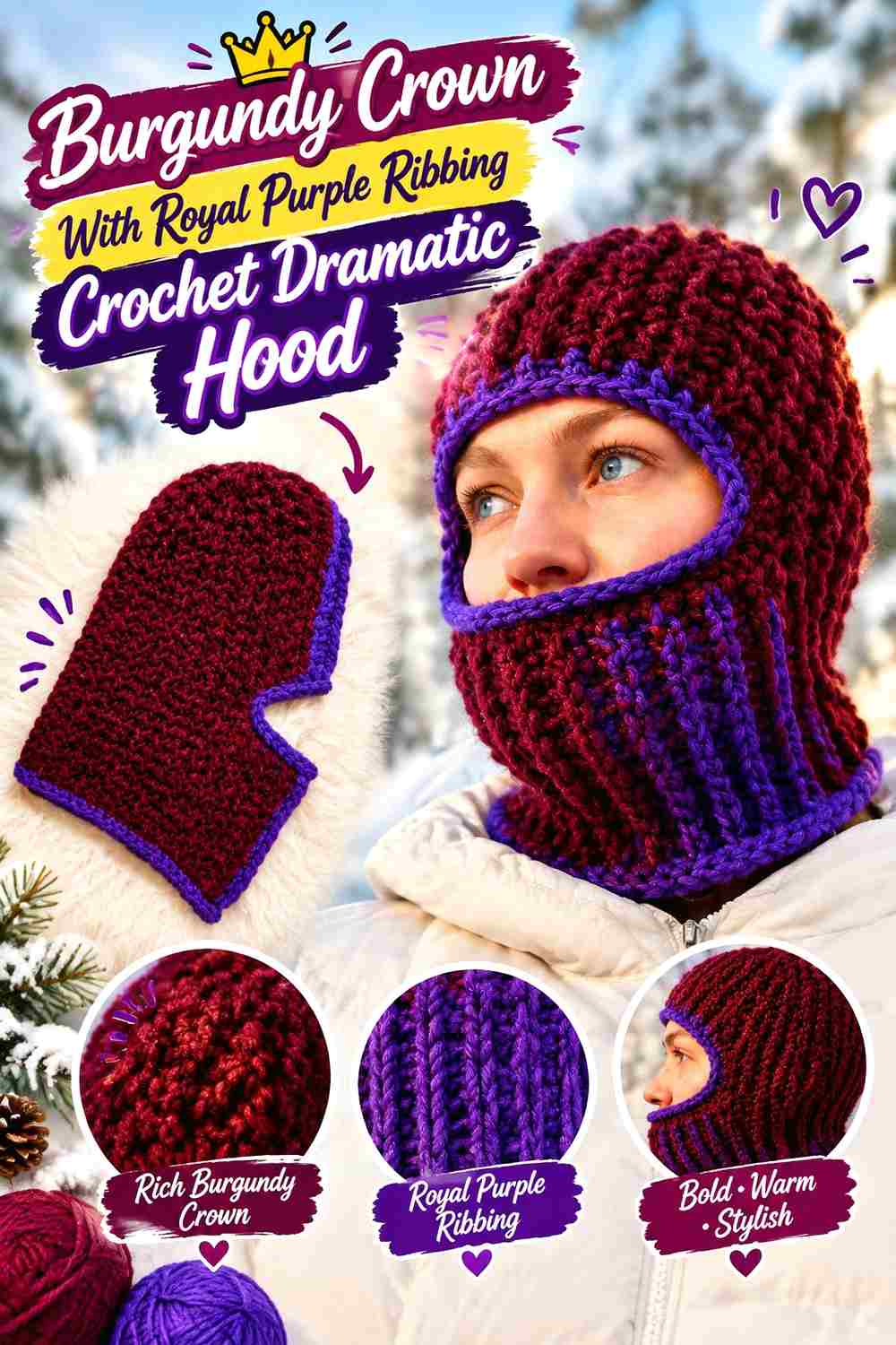 2. Burgundy Crown With Royal Purple Ribbing Crochet Dramatic Hood
