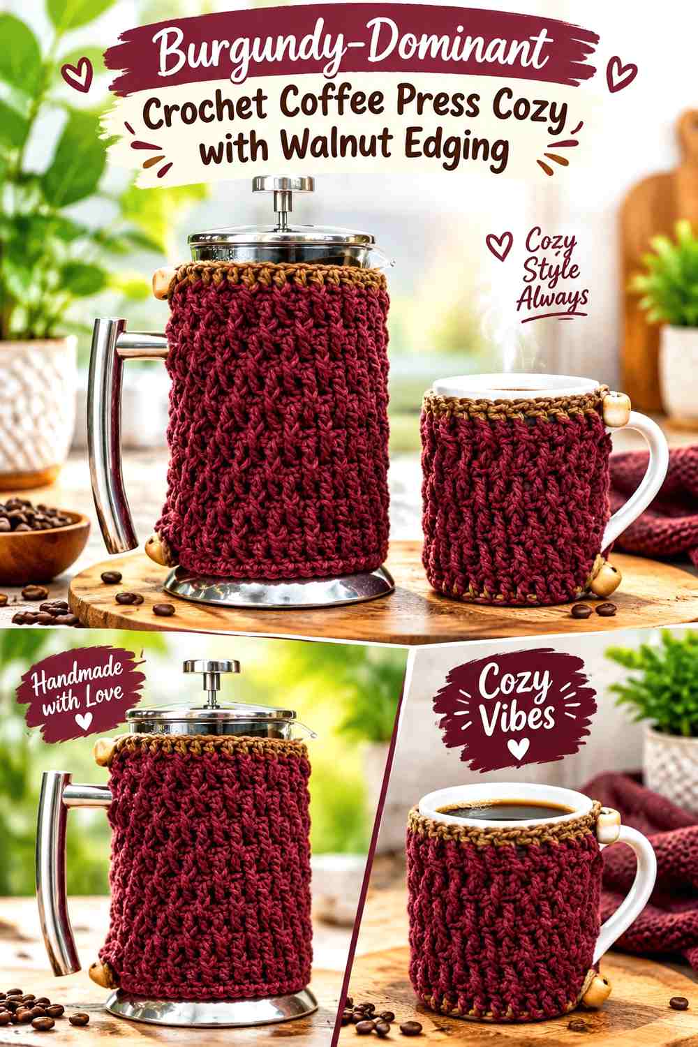 1. Burgundy Dominant Crochet Coffee Press Cozy With Walnut Edging