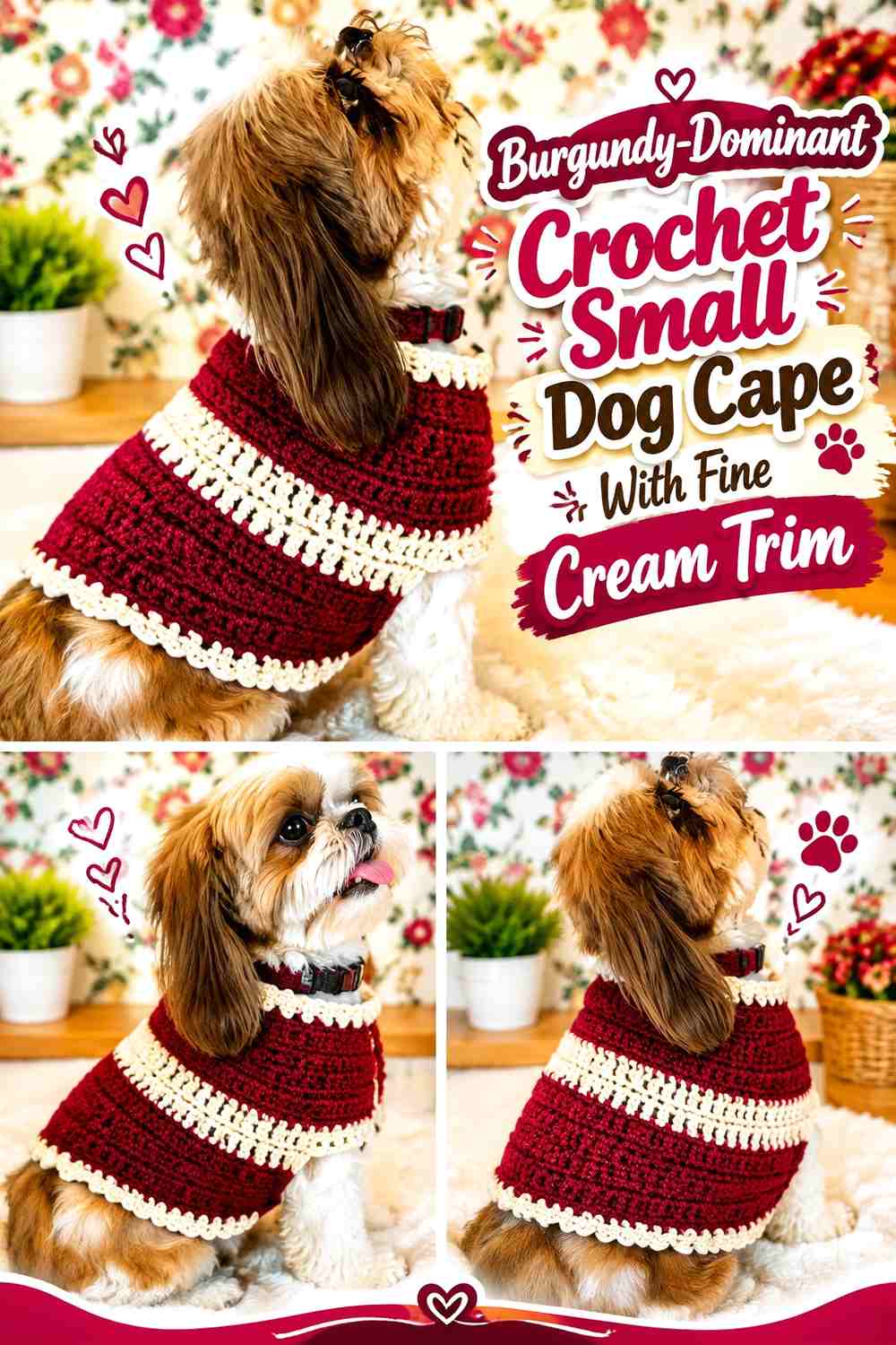 Burgundy-Dominant Crochet Small Dog Cape With Fine Cream Trim