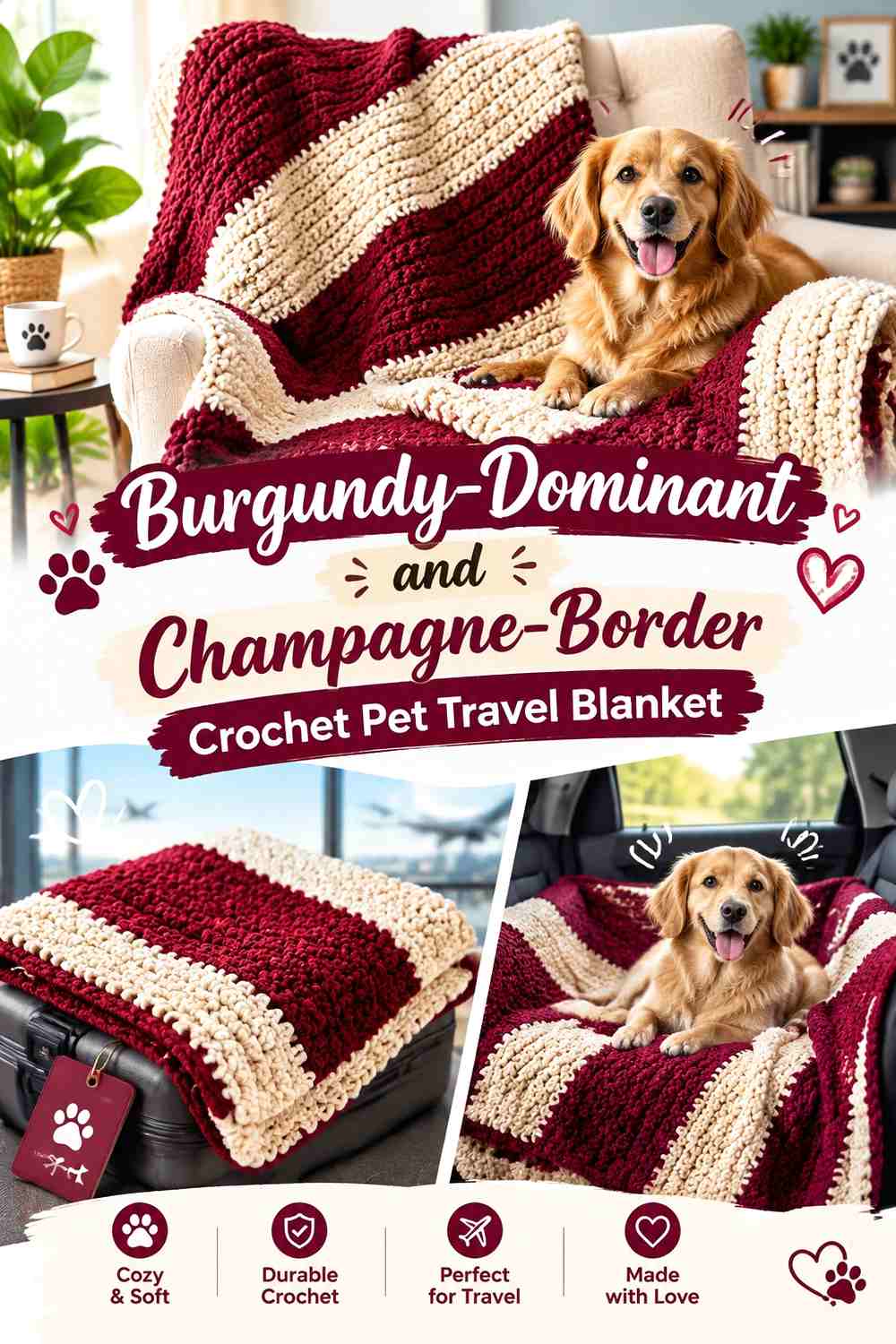 Burgundy-Dominant and Champagne-Border Crochet Pet Travel Blanket
