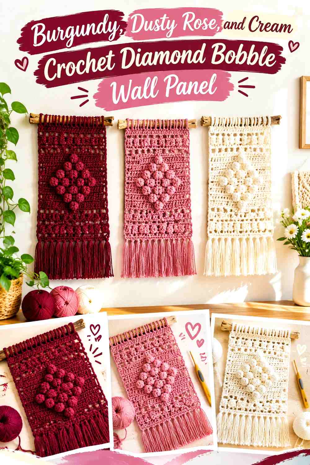 Burgundy, Dusty Rose, and Cream Crochet Diamond Bobble Wall Panel