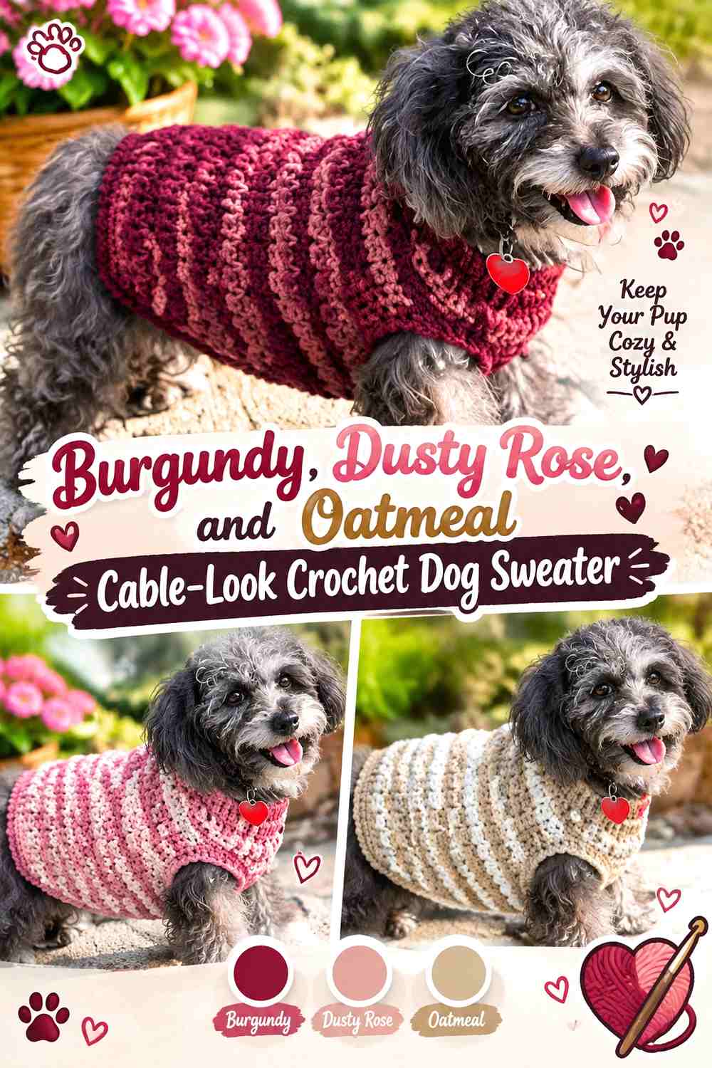 Burgundy, Dusty Rose, and Oatmeal Cable-Look Crochet Dog Sweater