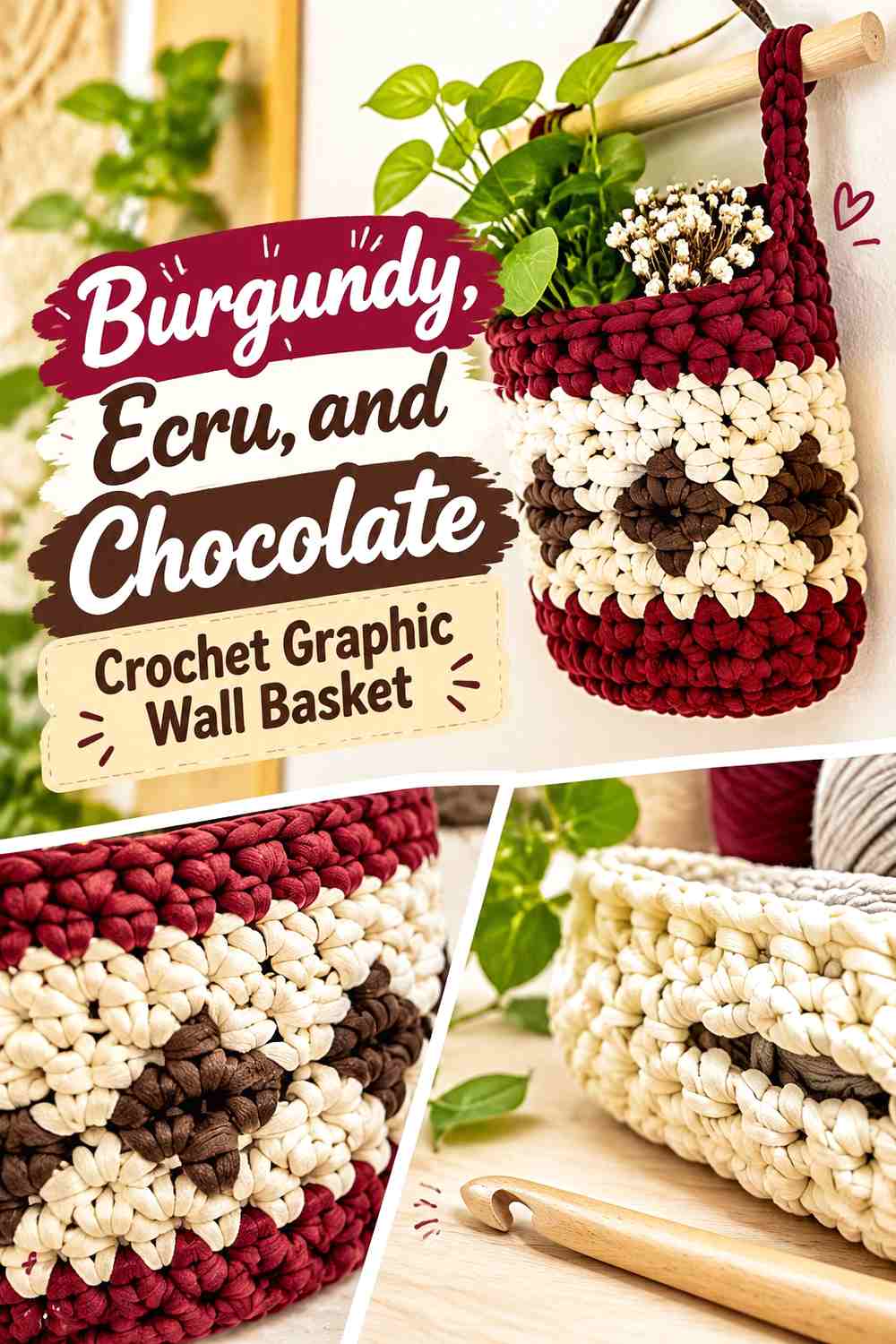 Burgundy, Ecru, and Chocolate Crochet Graphic Wall Basket