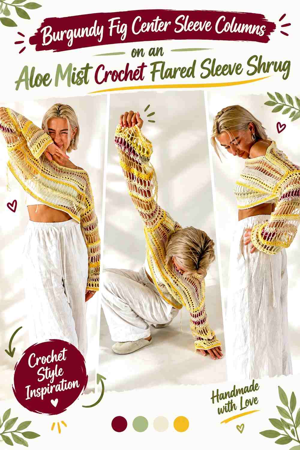 Burgundy Fig Center Sleeve Columns on an Aloe Mist Crochet Flared Sleeve Shrug