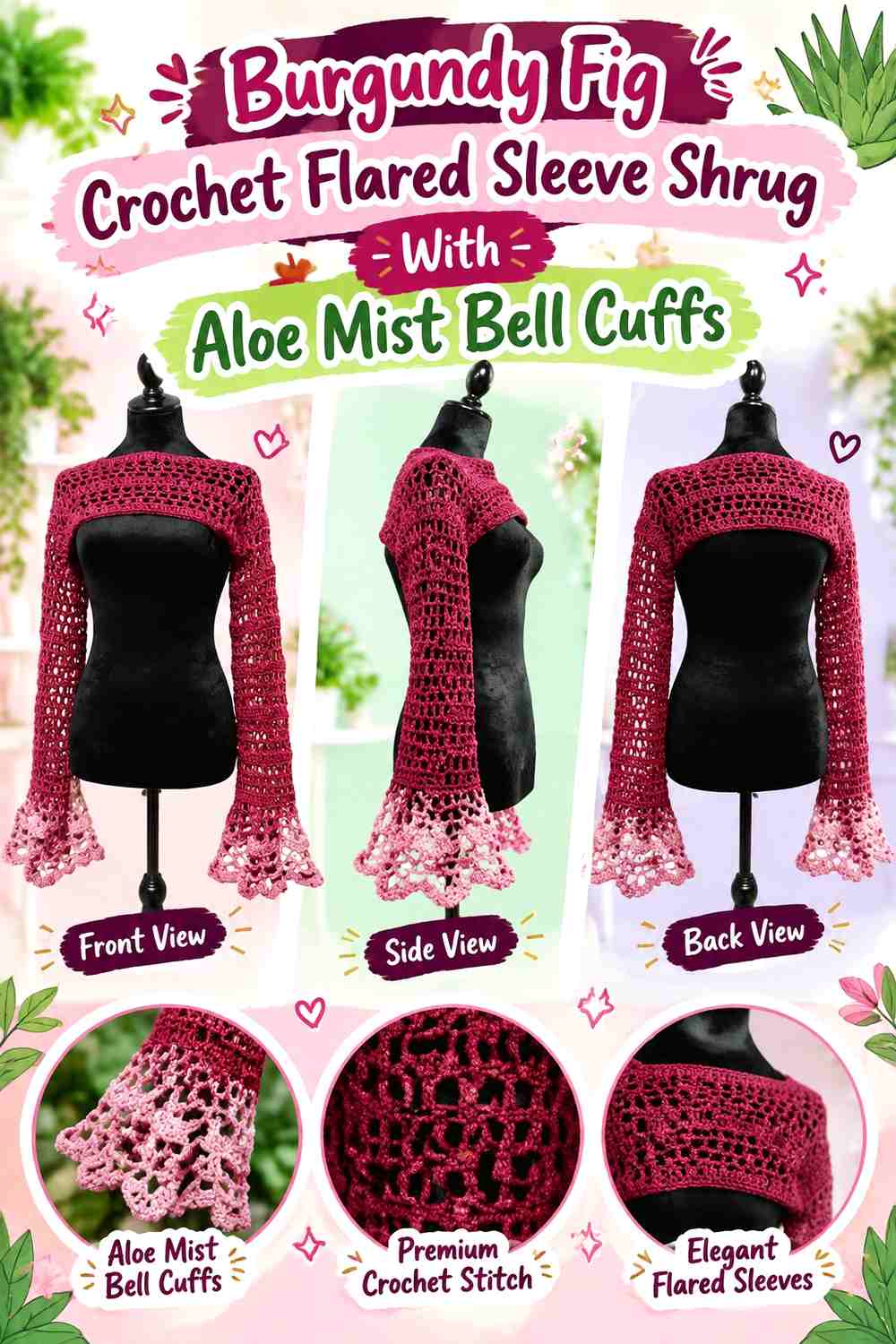Burgundy Fig Crochet Flared Sleeve Shrug With Aloe Mist Bell Cuffs