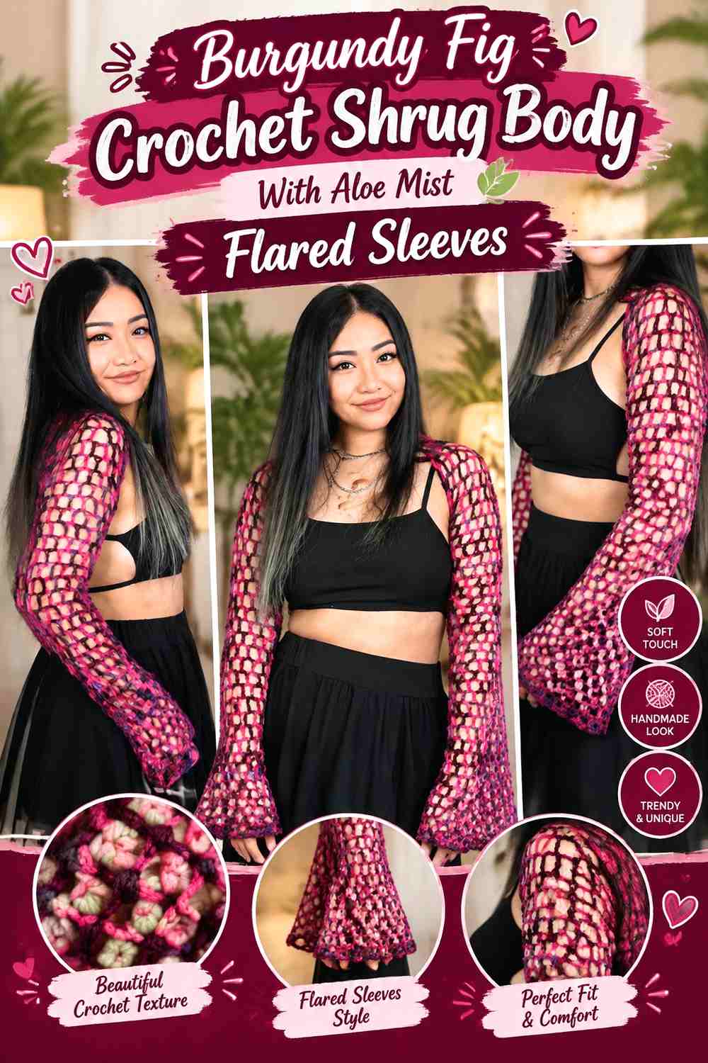 Burgundy Fig Crochet Shrug Body With Aloe Mist Flared Sleeves