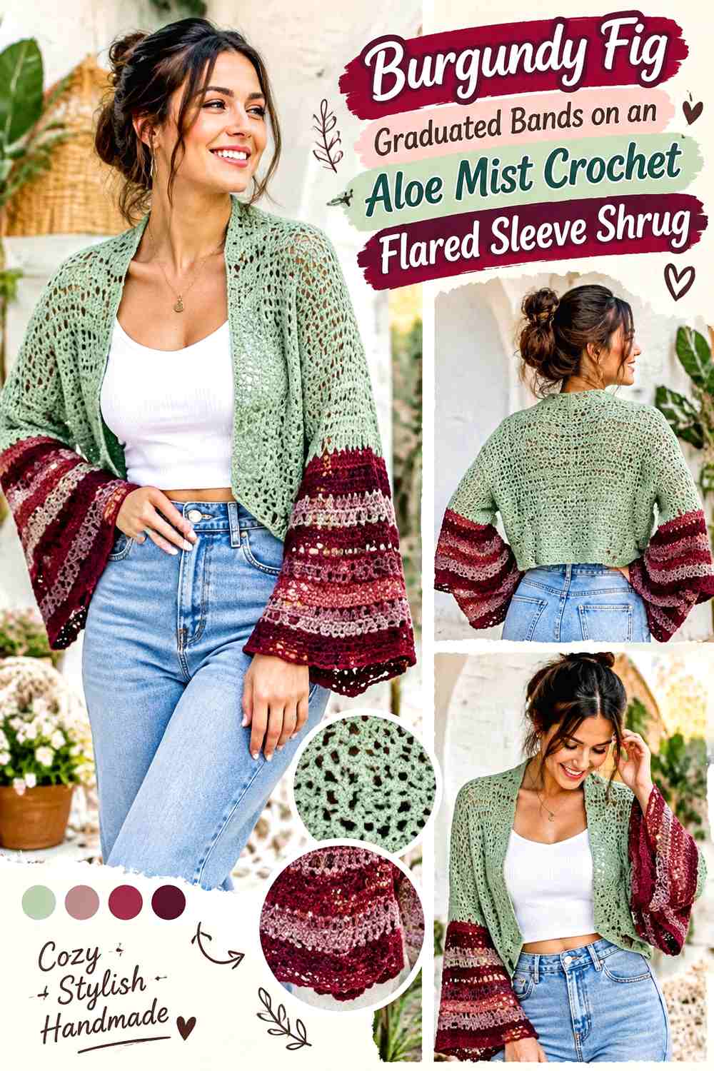 Burgundy Fig Graduated Bands on an Aloe Mist Crochet Flared Sleeve Shrug