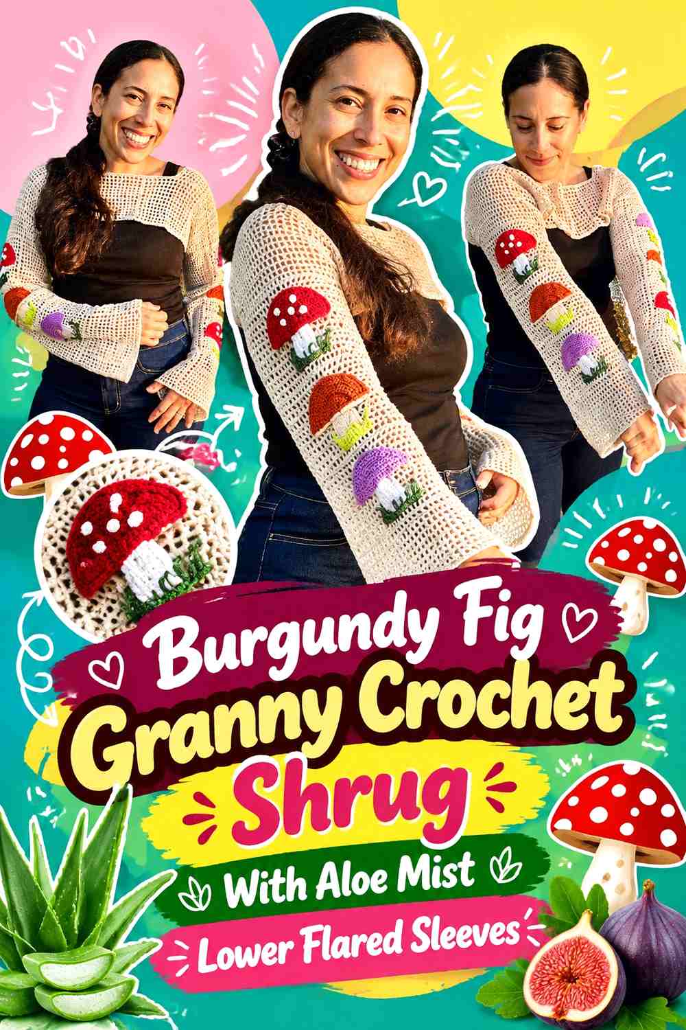 Burgundy Fig Granny Crochet Shrug With Aloe Mist Lower Flared Sleeves