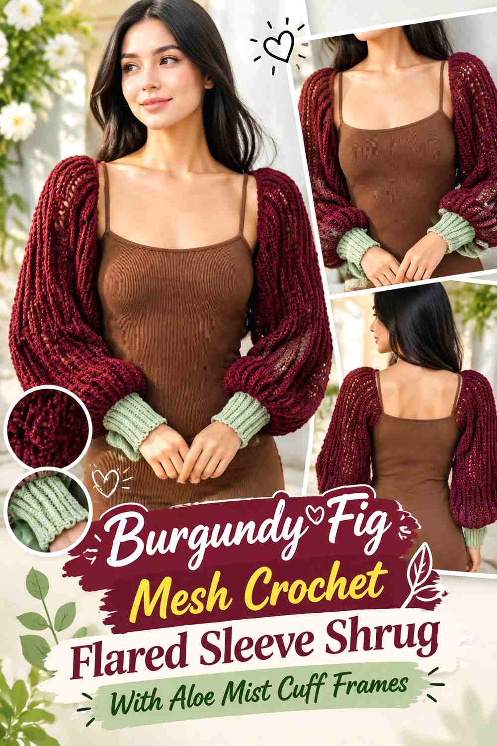 Burgundy Fig Mesh Crochet Flared Sleeve Shrug With Aloe Mist Cuff Frames