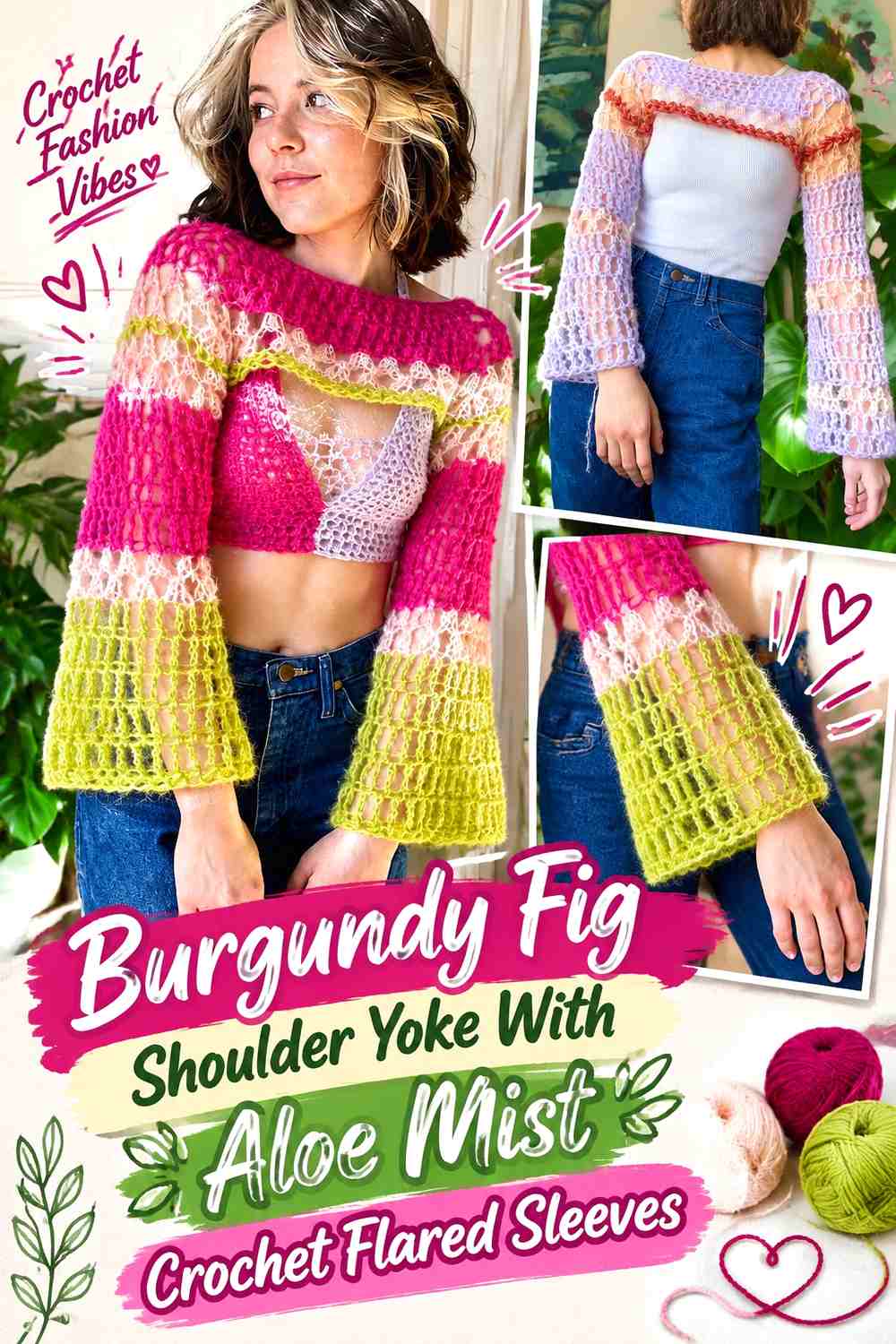 Burgundy Fig Shoulder Yoke With Aloe Mist Crochet Flared Sleeves