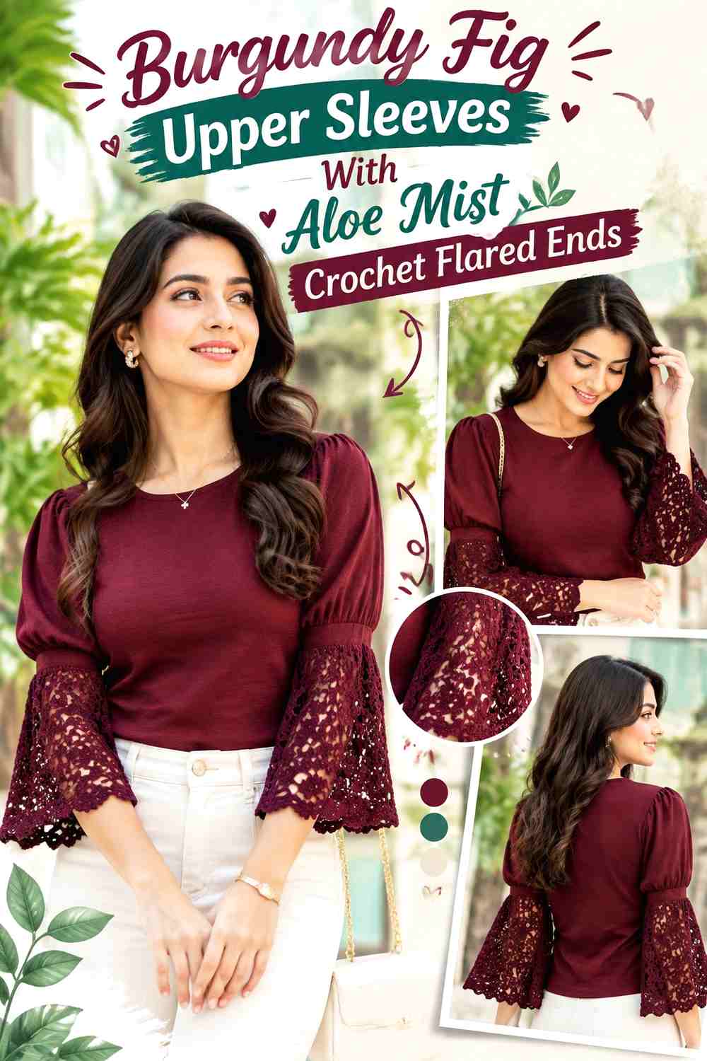 Burgundy Fig Upper Sleeves With Aloe Mist Crochet Flared Ends