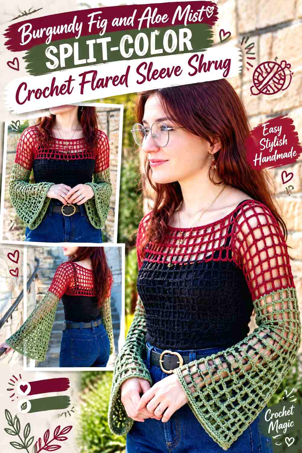 Burgundy Fig and Aloe Mist Split-Color Crochet Flared Sleeve Shrug
