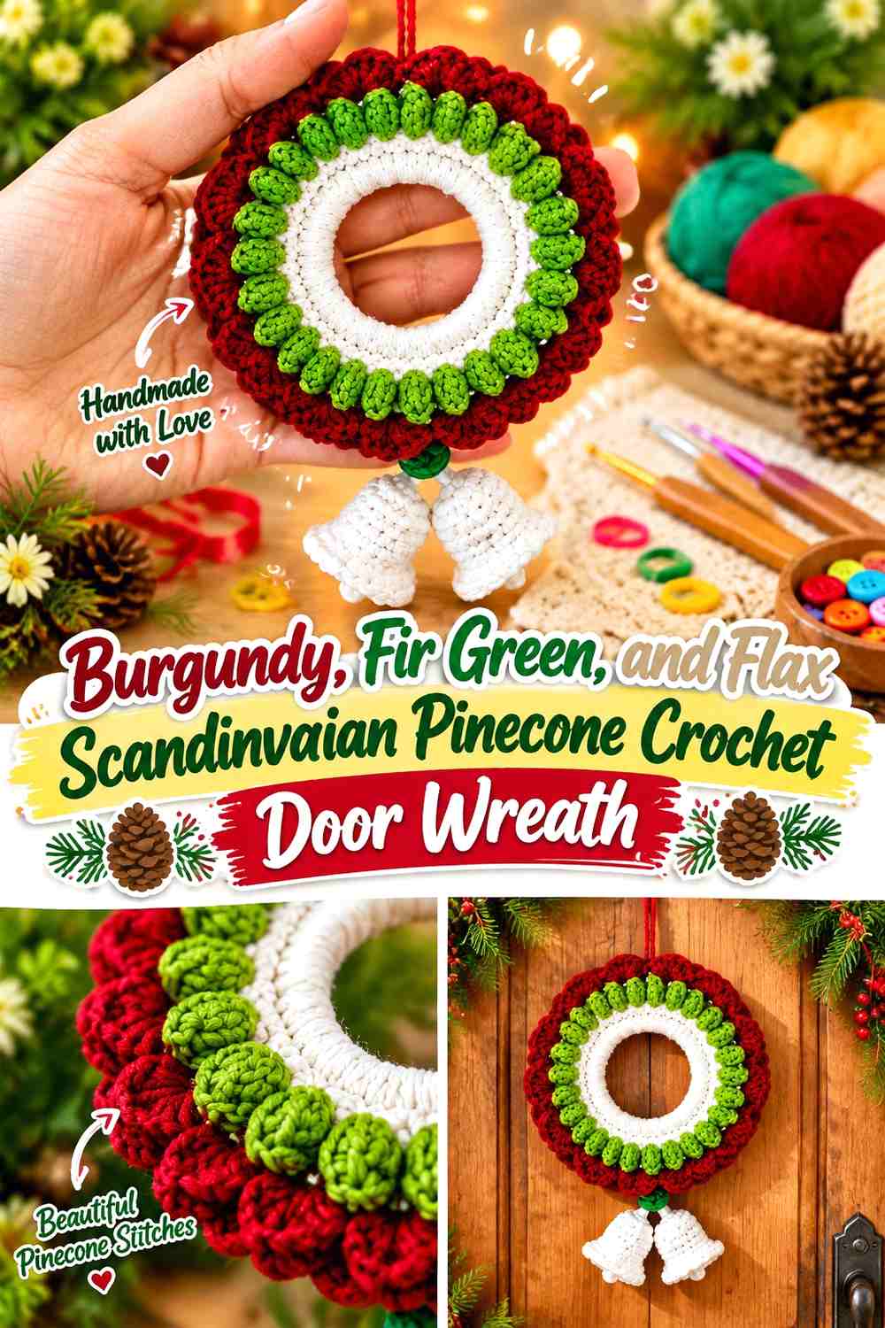 Burgundy, Fir Green, and Flax Scandinavian Pinecone Crochet Door Wreath