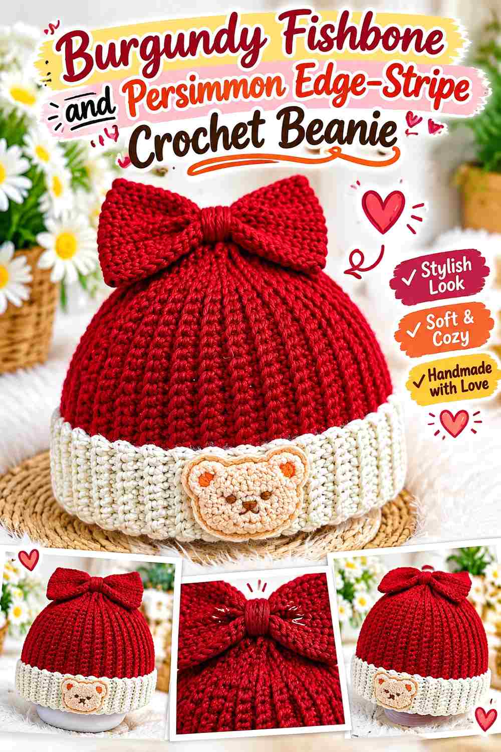 4. Burgundy Fishbone And Persimmon Edge Stripe Crochet Beanie