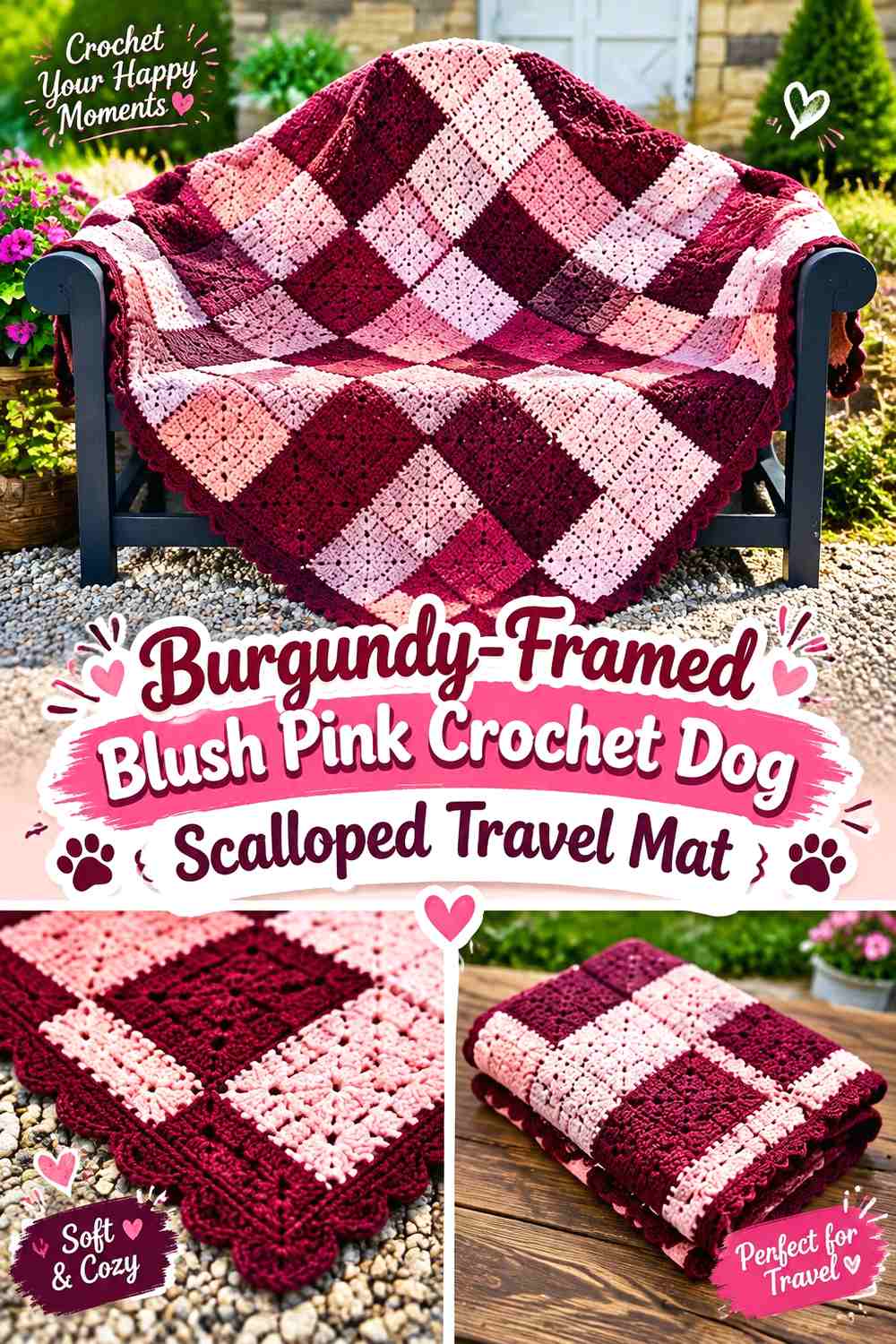 Burgundy-Framed Blush Pink Crochet Dog Scalloped Travel Mat
