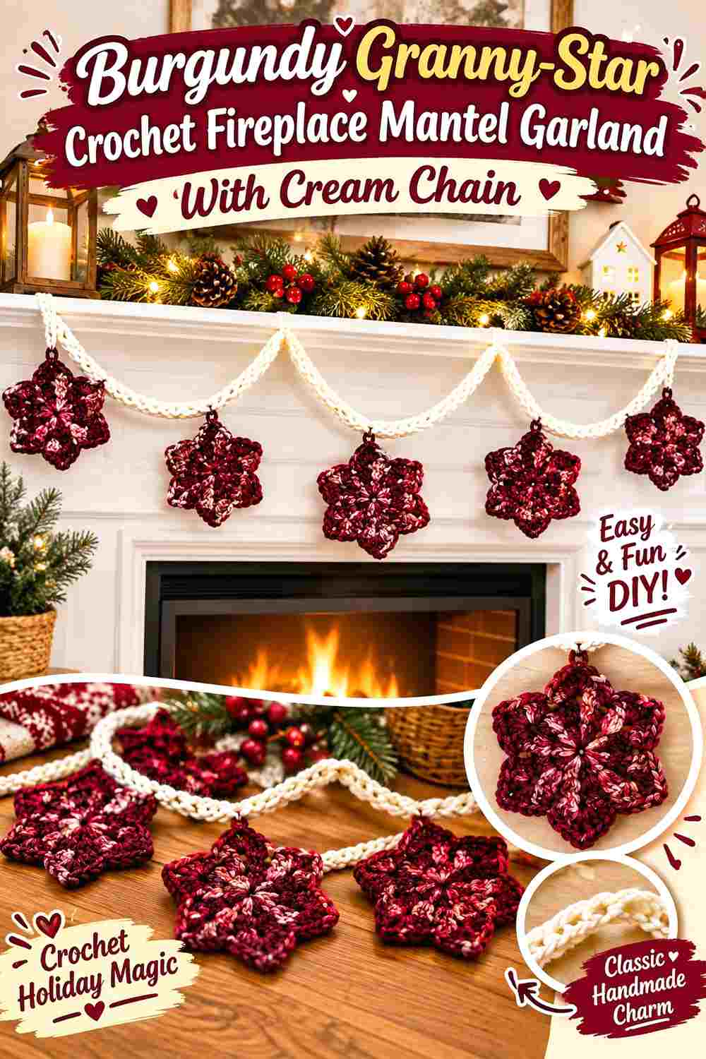 1. Burgundy Granny Star Crochet Fireplace Mantel Garland With Cream Chain