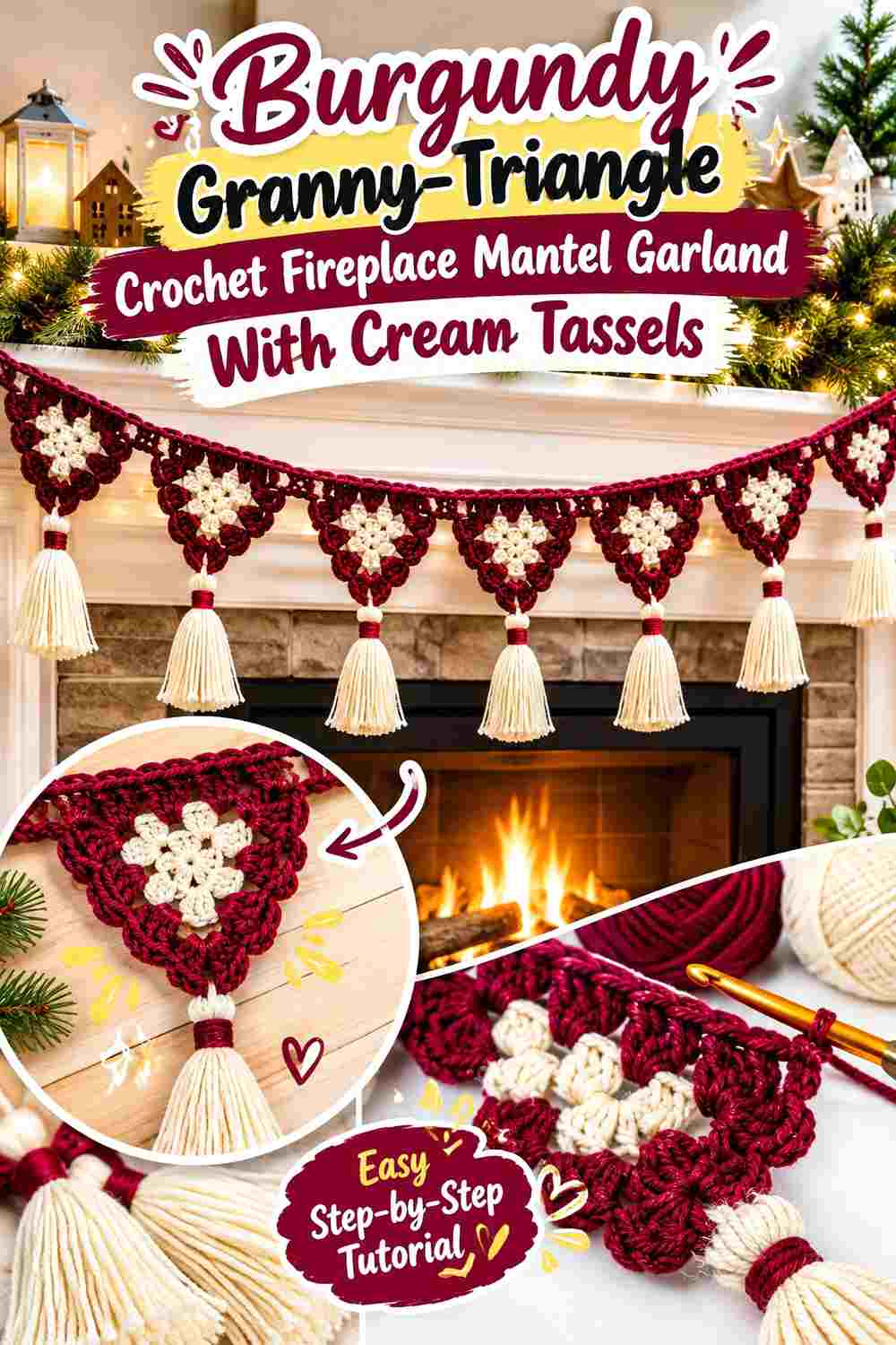 7. Burgundy Granny Triangle Crochet Fireplace Mantel Garland With Cream Tassels