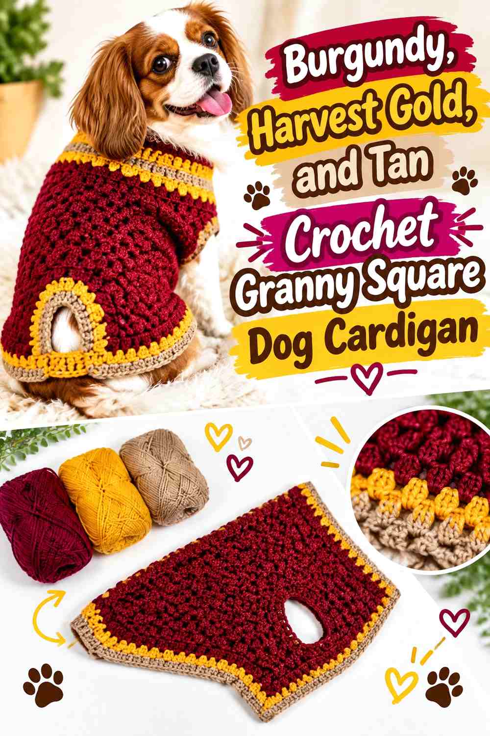 Burgundy, Harvest Gold, and Tan Crochet Granny Square Dog Cardigan