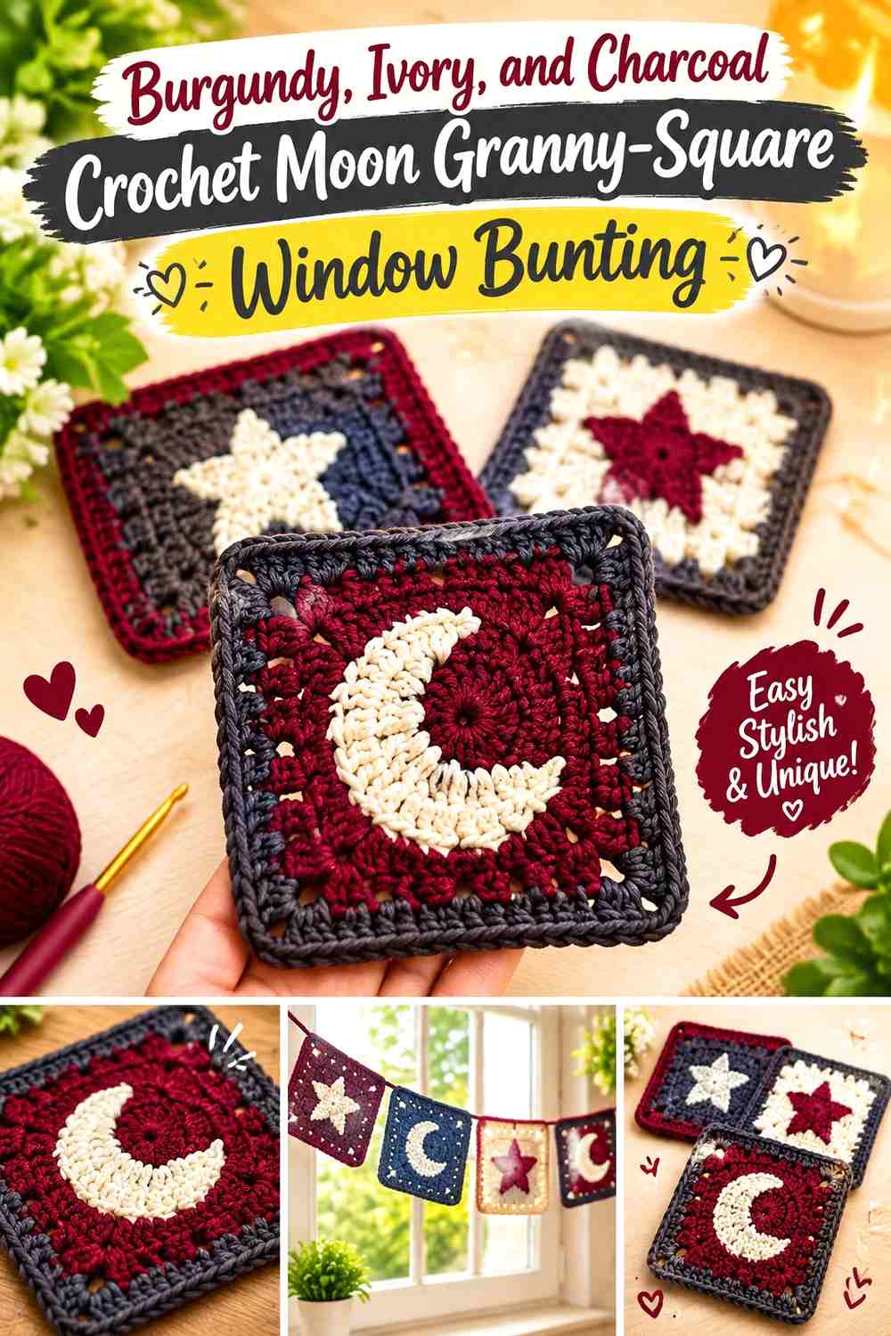 Burgundy, Ivory, and Charcoal Crochet Moon Granny-Square Window Bunting