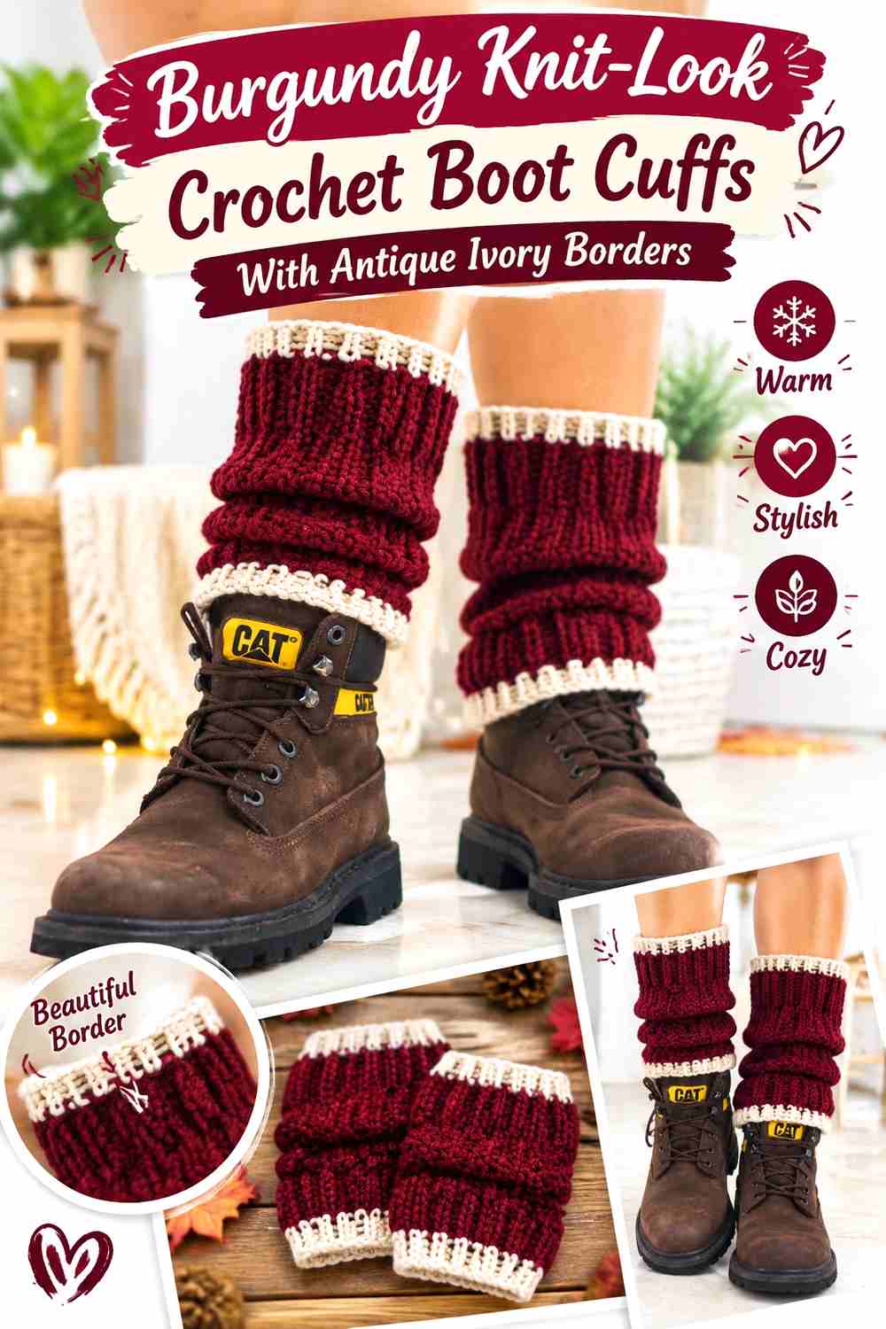 6. Burgundy Knit Look Crochet Boot Cuffs With Antique Ivory Borders