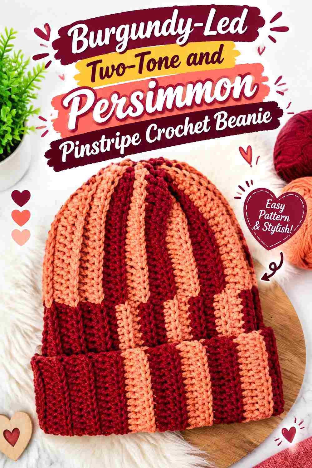 2. Burgundy Led Two Tone And Persimmon Pinstripe Crochet Beanie