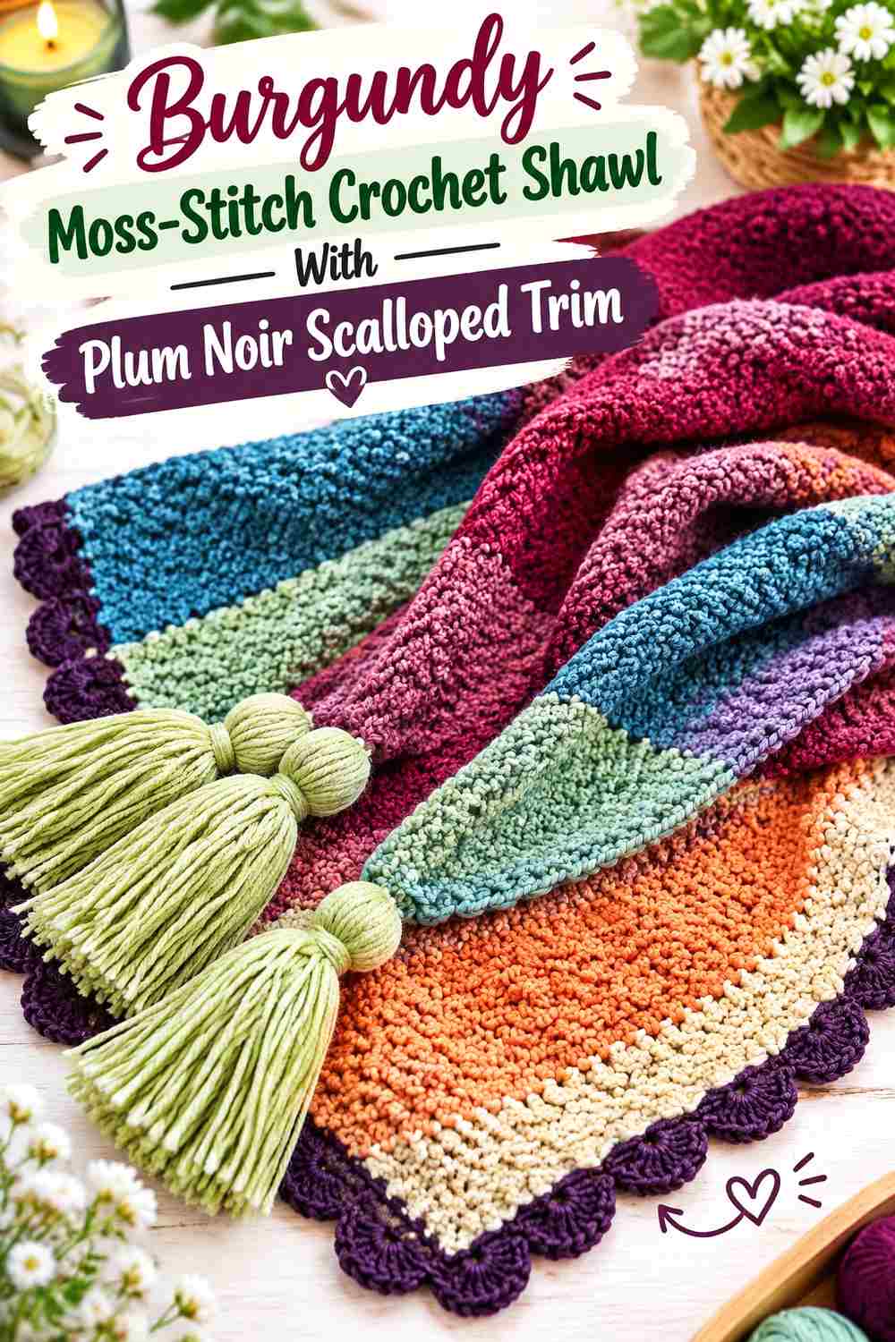 16. Burgundy Moss Stitch Crochet Shawl With Plum Noir Scalloped Trim