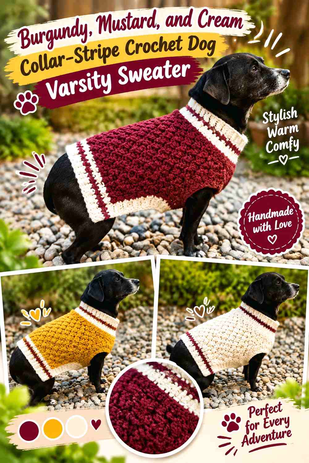 Burgundy, Mustard, and Cream Collar-Stripe Crochet Dog Varsity Sweater
