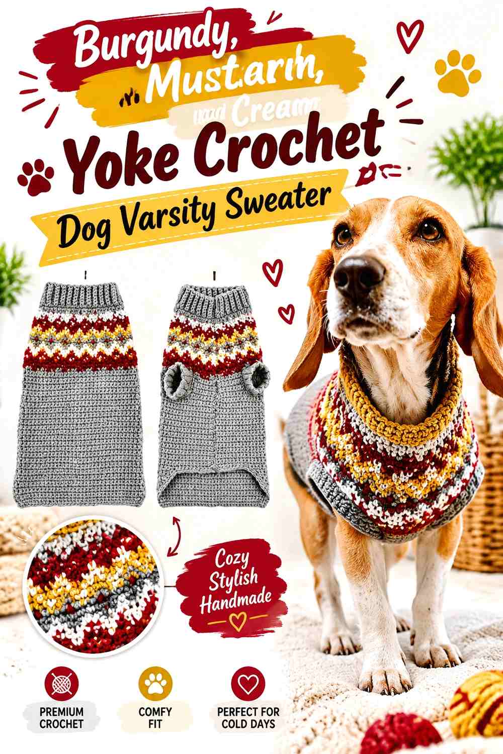 Burgundy, Mustard, and Cream Yoke Crochet Dog Varsity Sweater