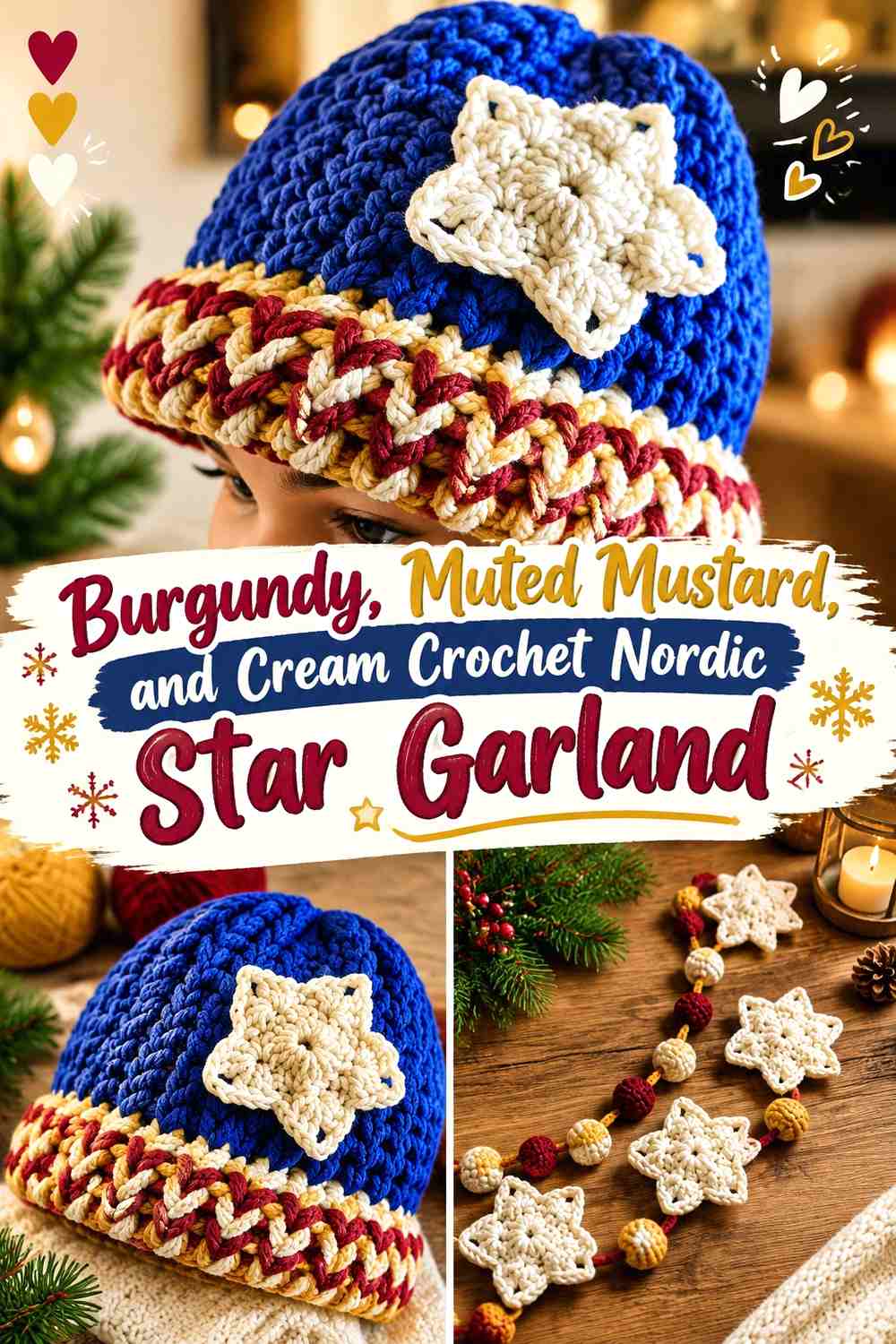 Burgundy, Muted Mustard, and Cream Crochet Nordic Star Garland