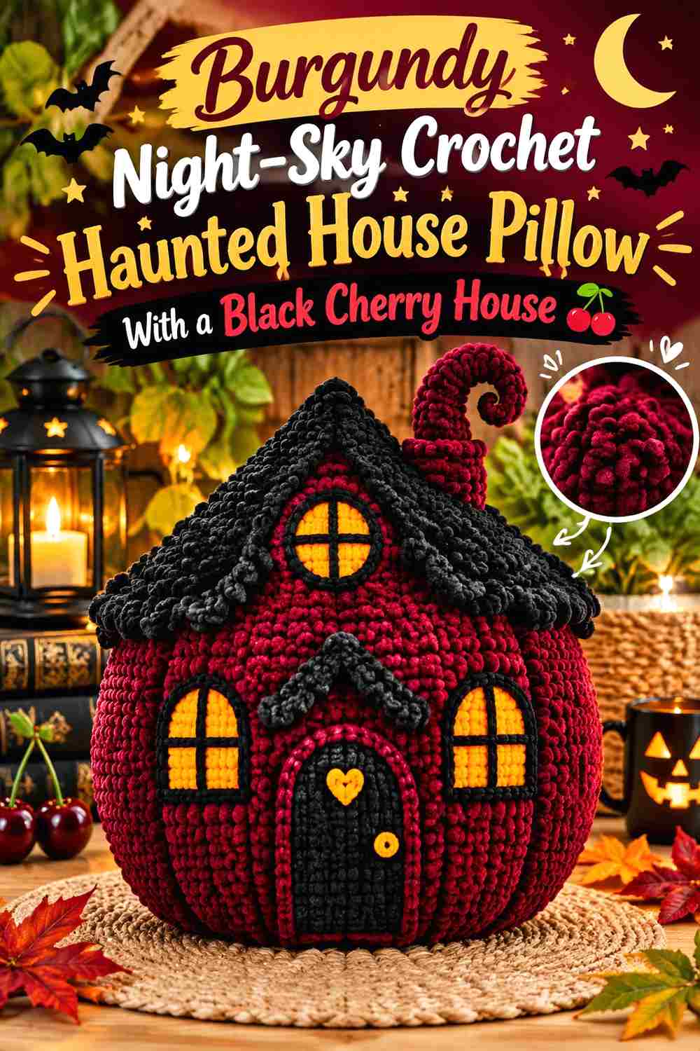 7. Burgundy Night Sky Crochet Haunted House Pillow With A Black Cherry House