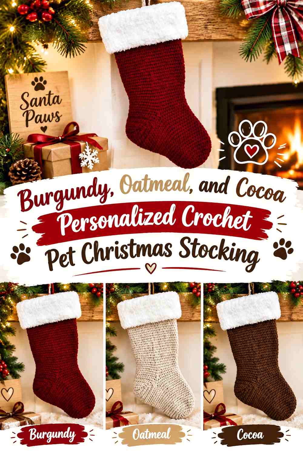 Burgundy, Oatmeal, and Cocoa Personalized Crochet Pet Christmas Stocking