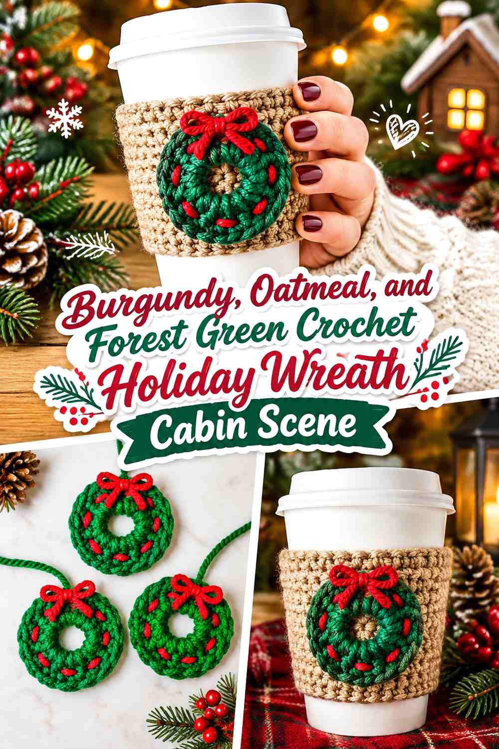 Burgundy, Oatmeal, and Forest Green Crochet Holiday Wreath Cabin Scene
